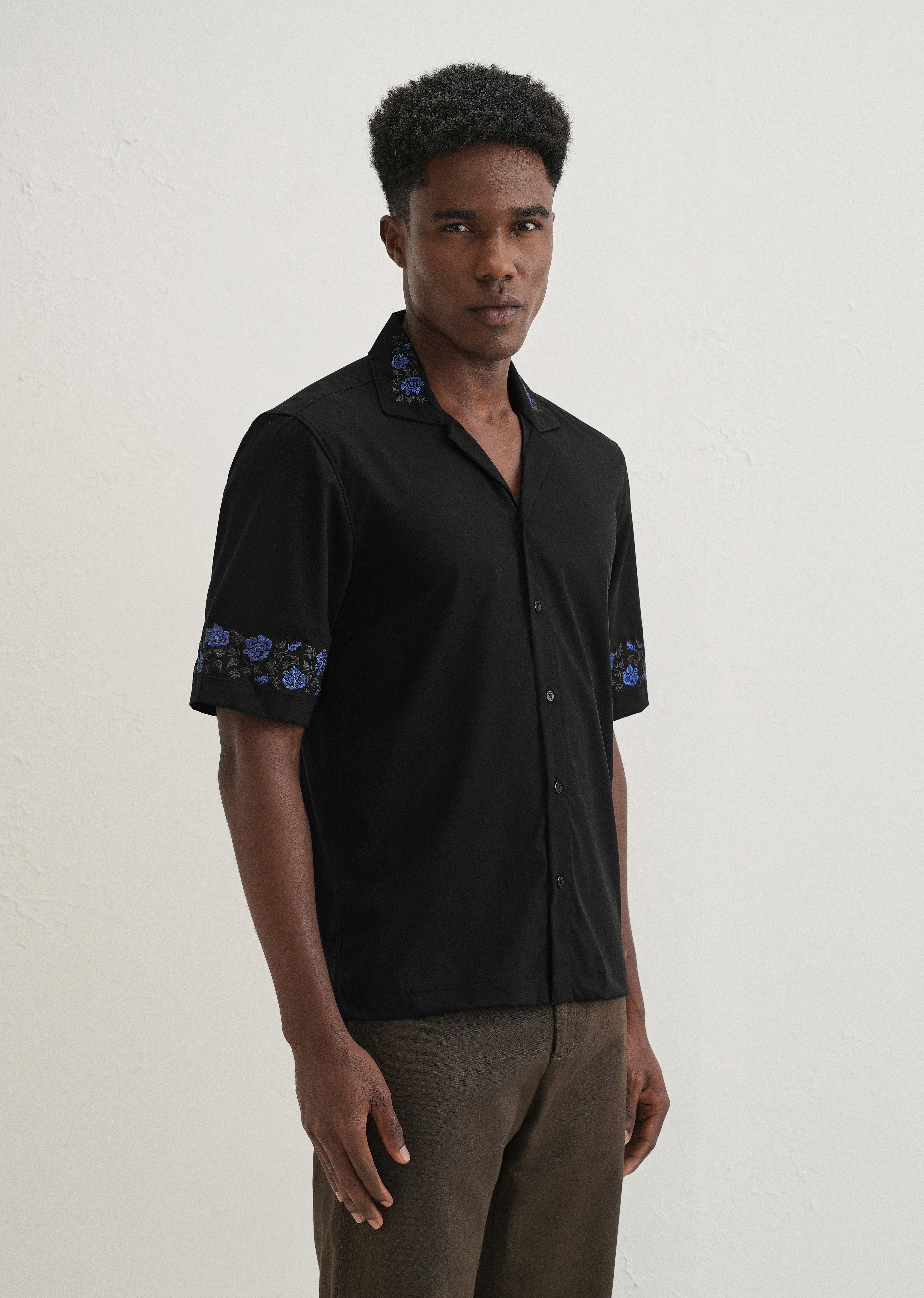Blue Rose Embroidery Black Shirt