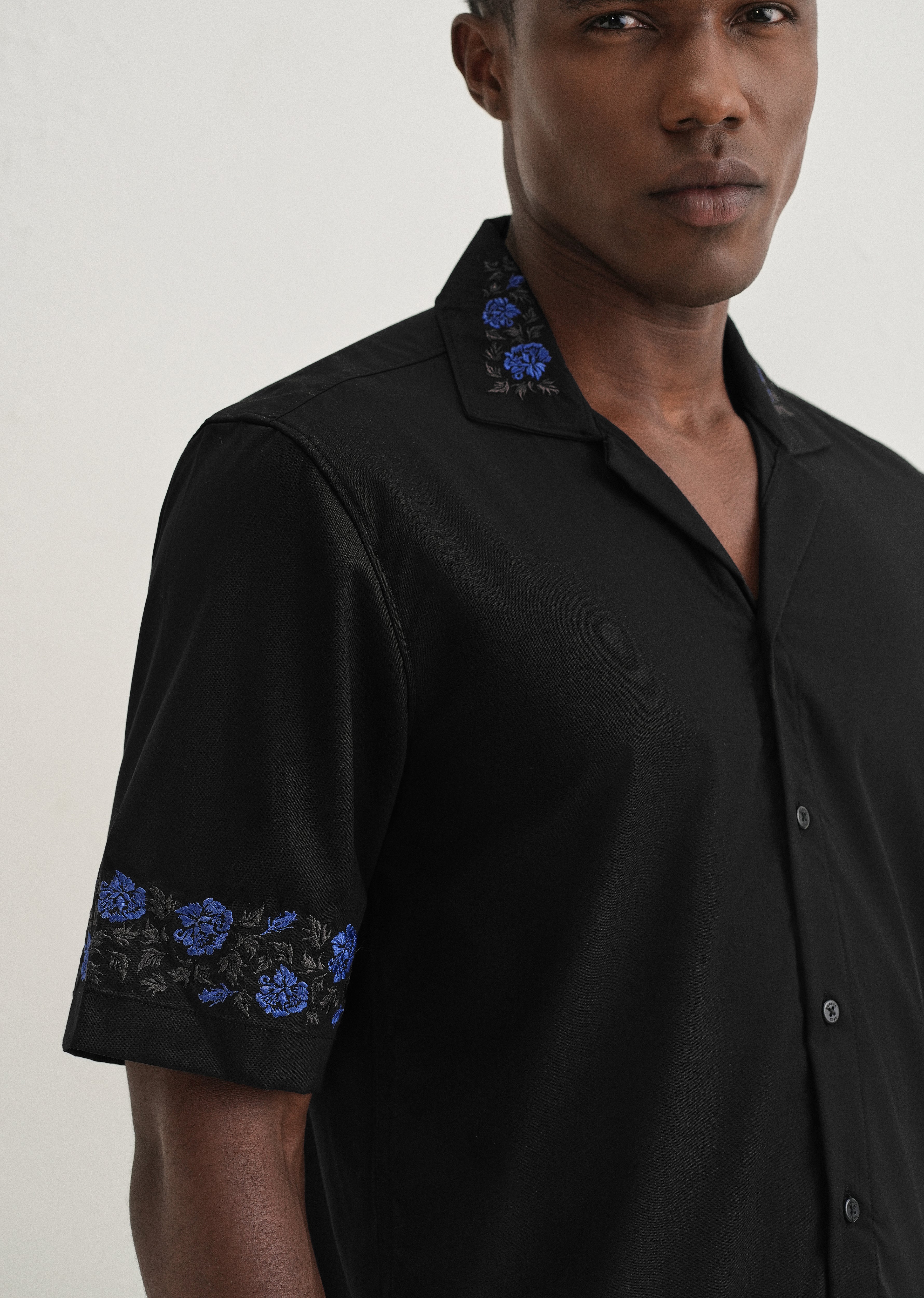 Blue Rose Embroidery Black Shirt