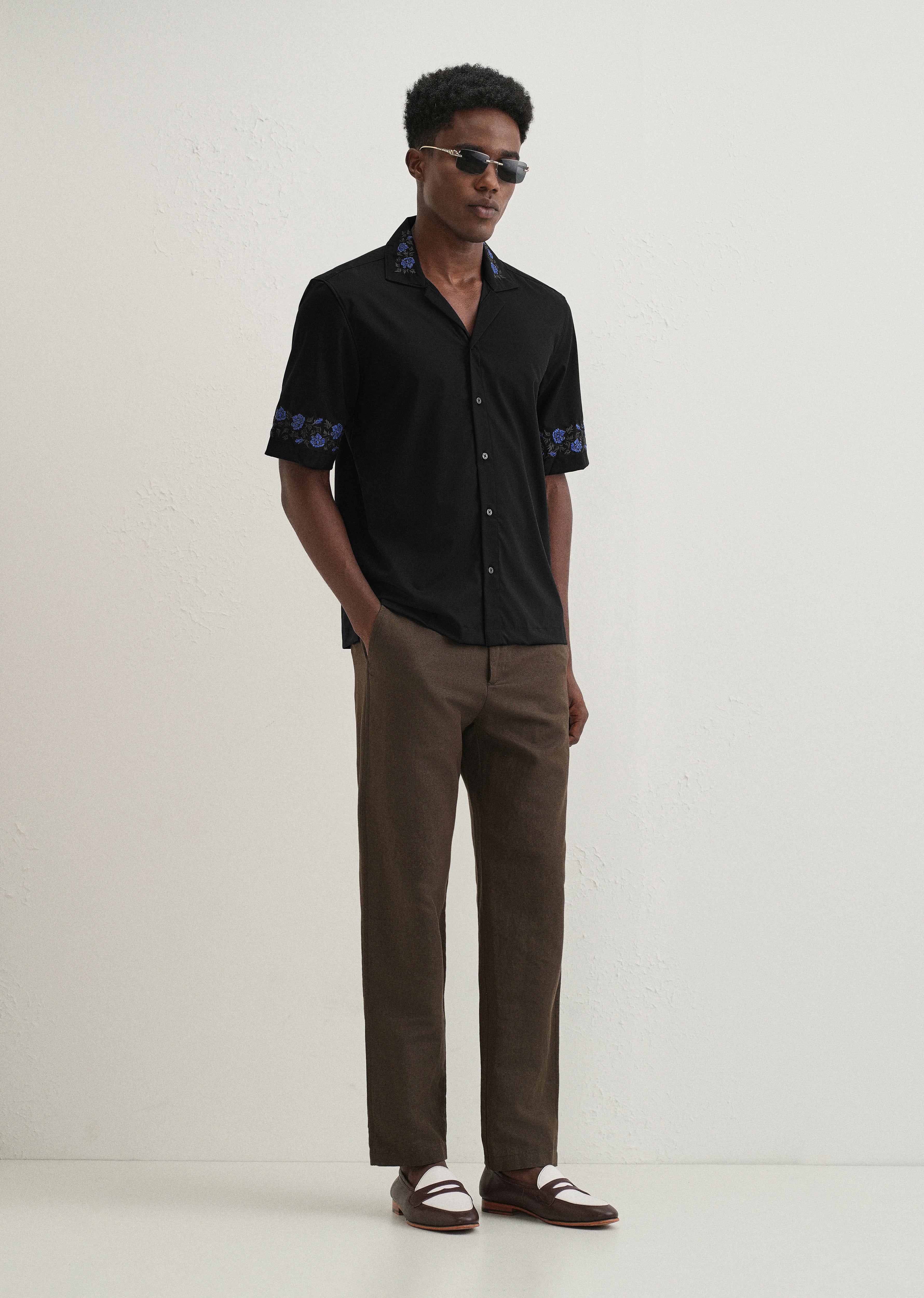 Blue Rose Embroidery Black Shirt