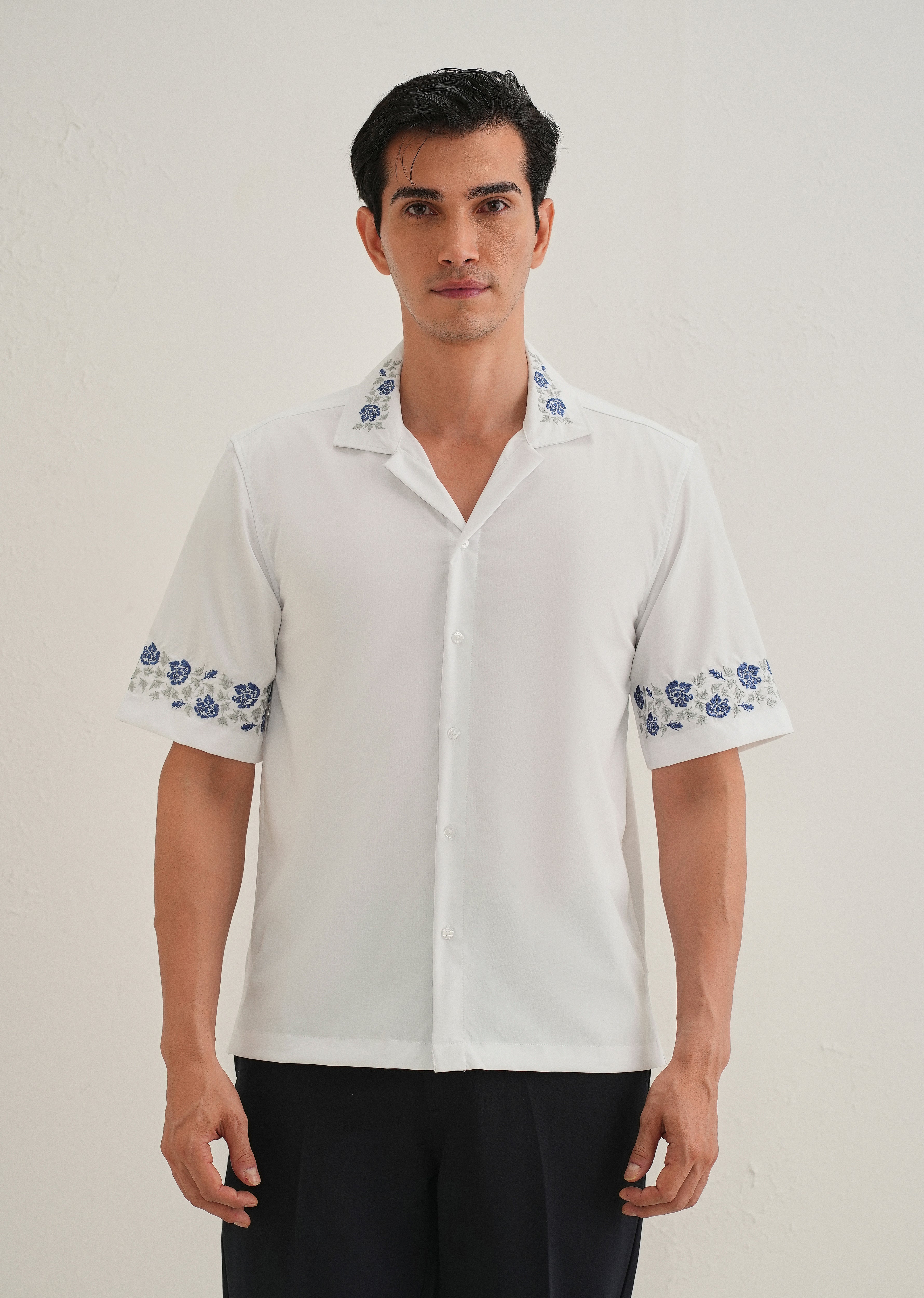 Blue Rose Embroidery White Shirt