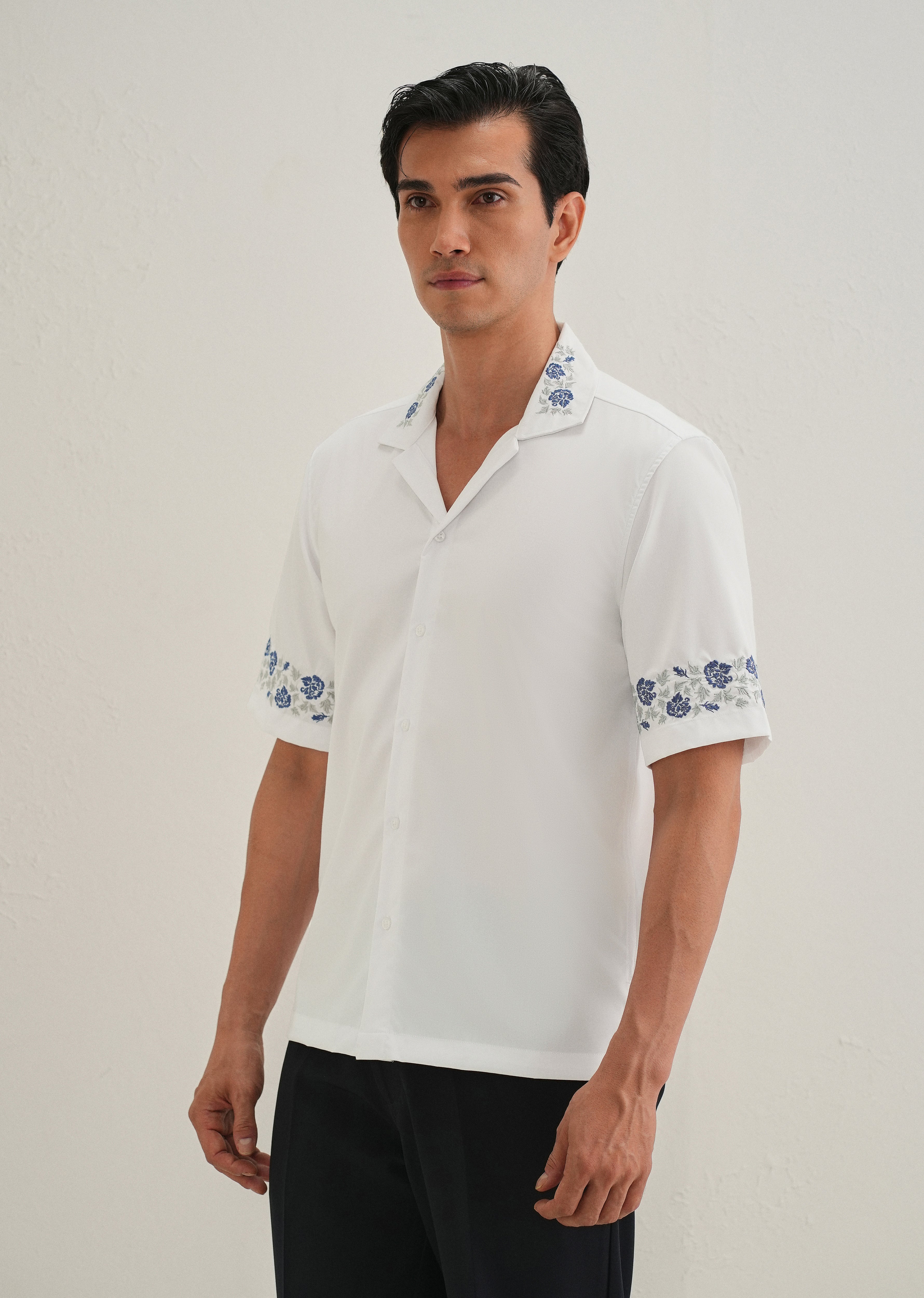 Blue Rose Embroidery White Shirt