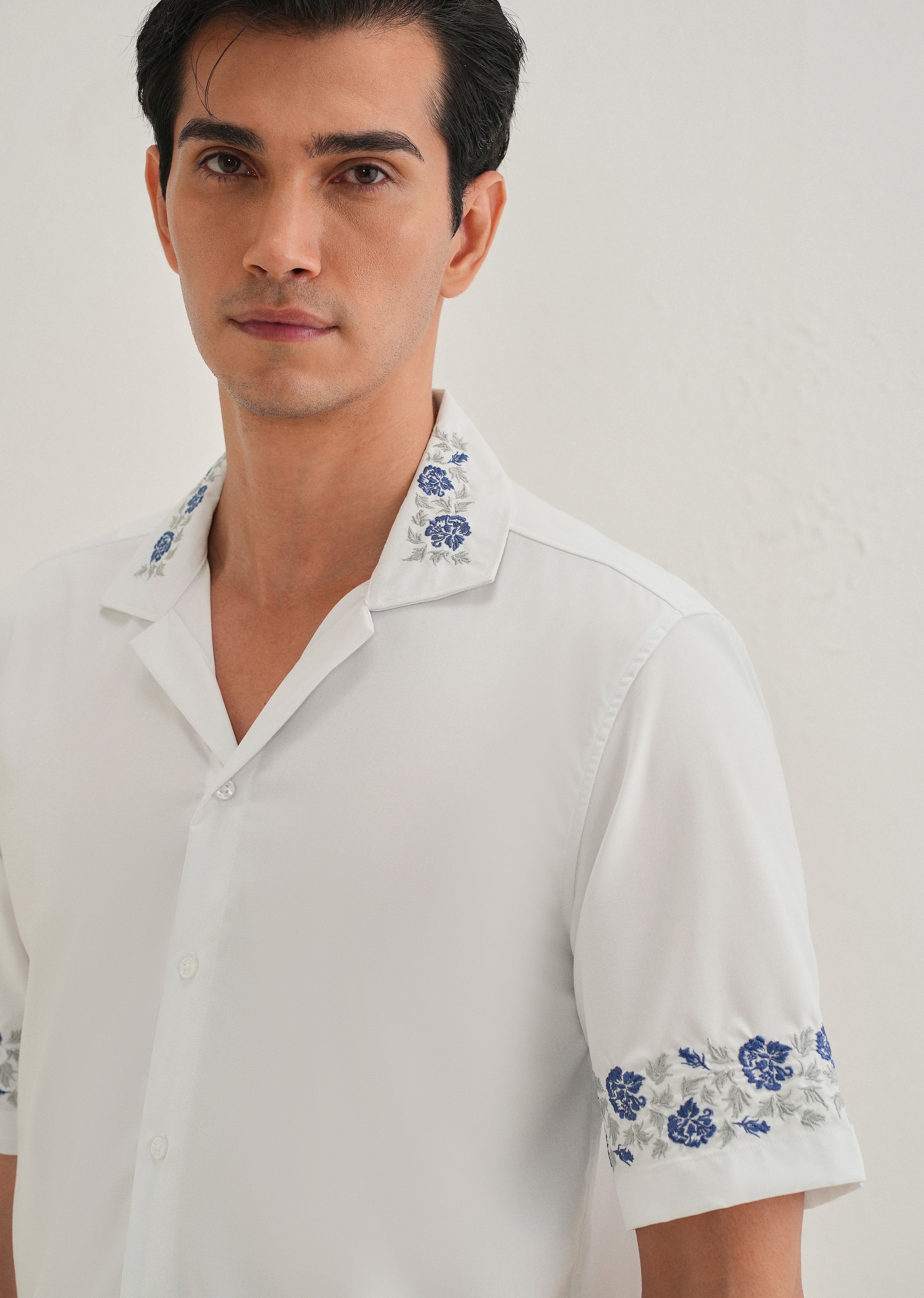 Blue Rose Embroidery White Shirt