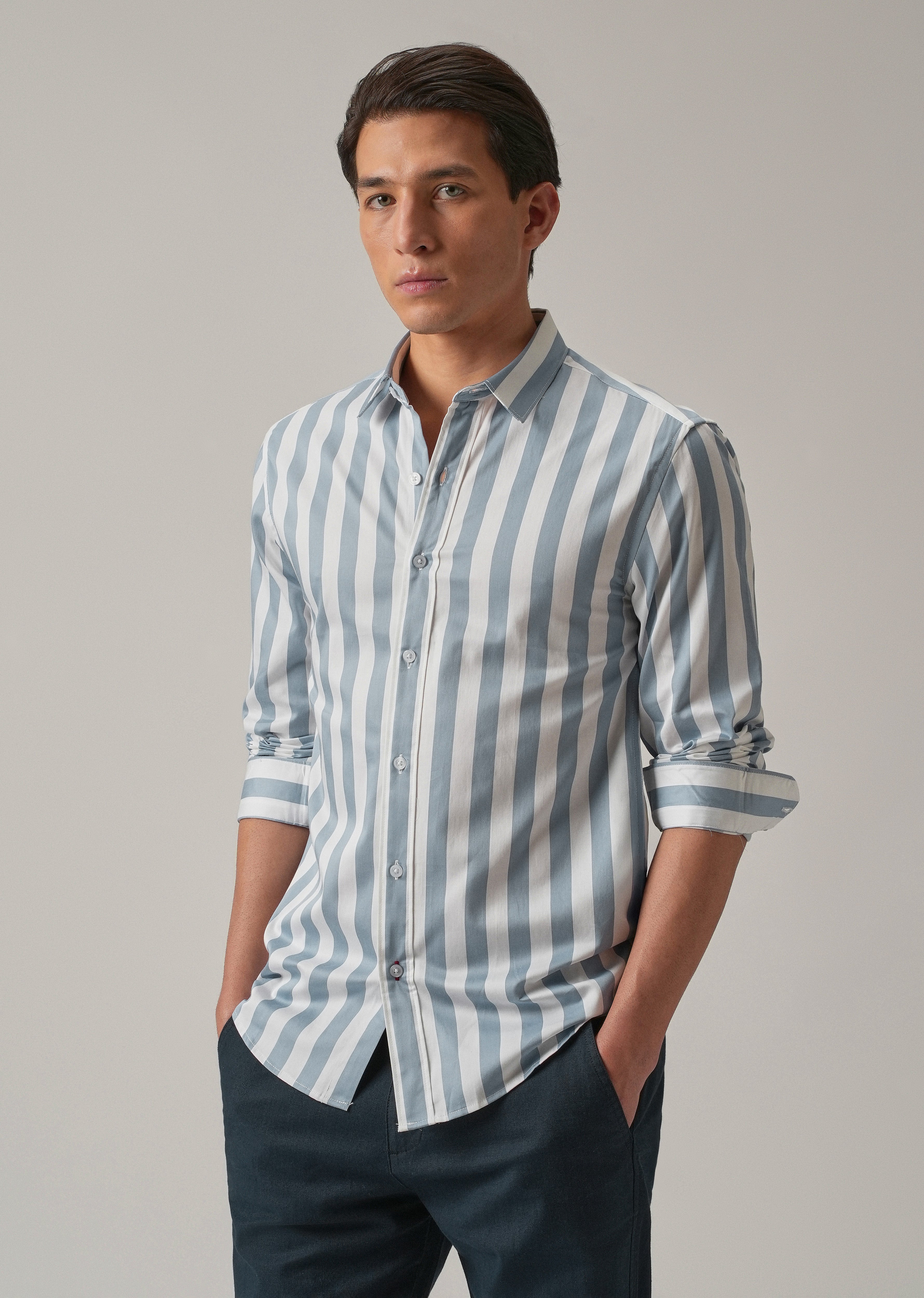 Blue Satin Striped Shirt