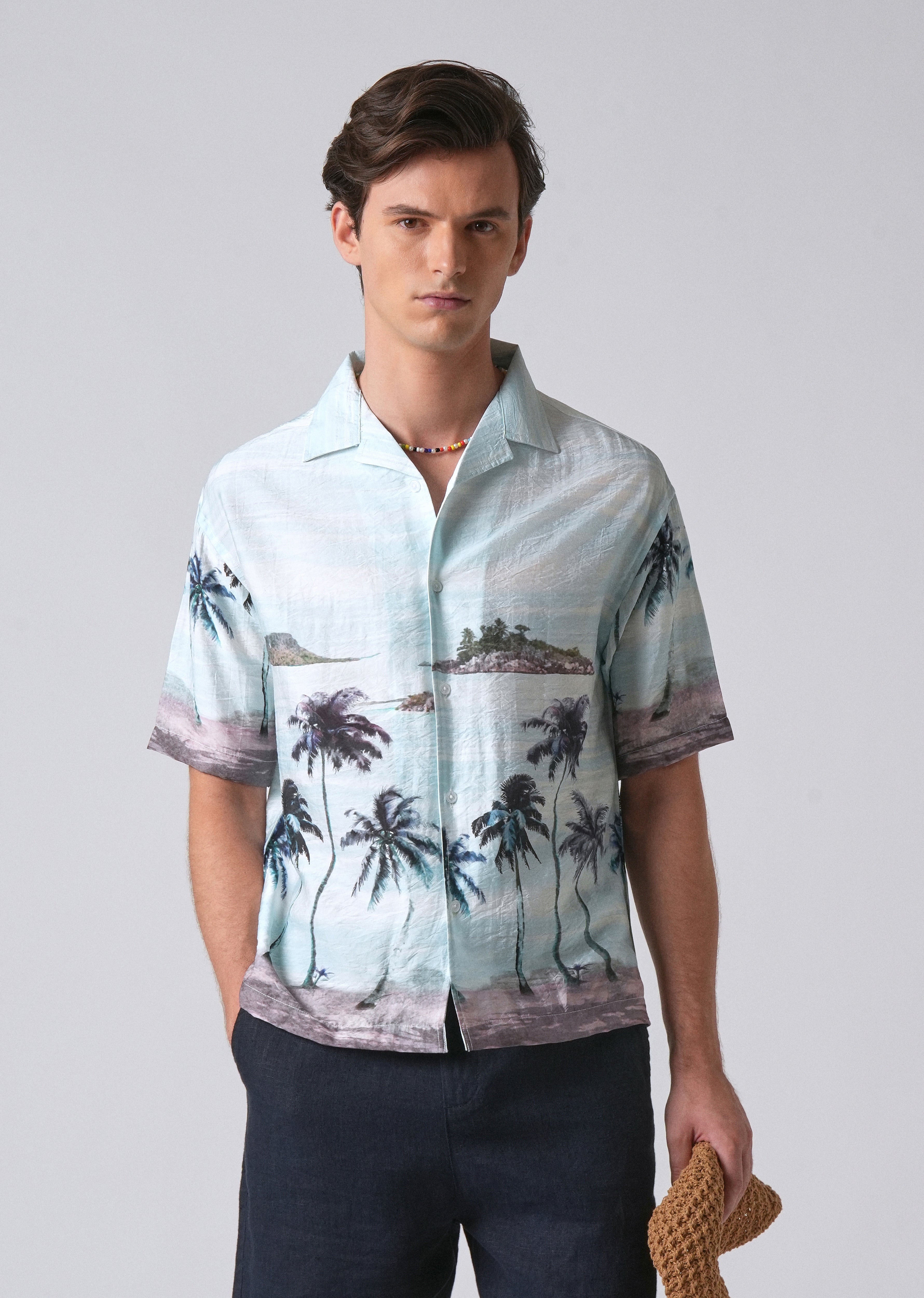 Blue Tropical Palm Print Shirt