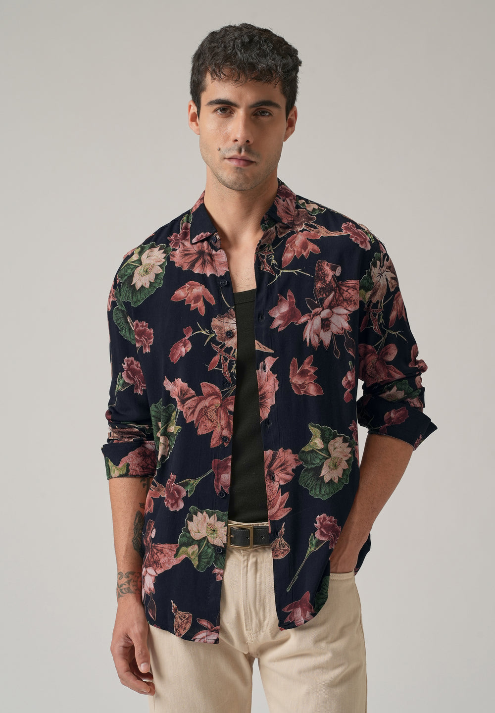 Bold Red Floral Print Feather Shirt