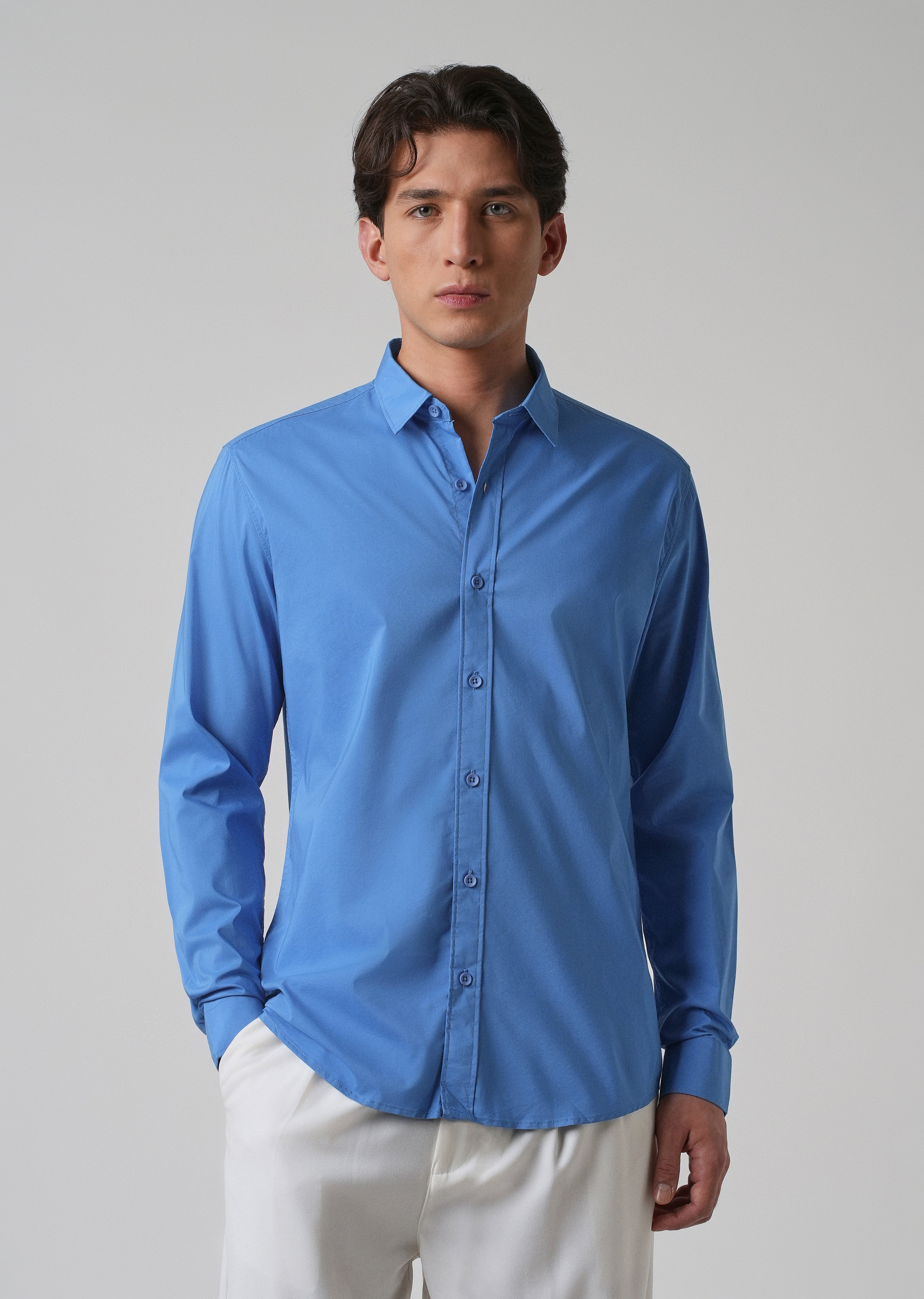 Bright Blue Plain Blended Cotton Shirt