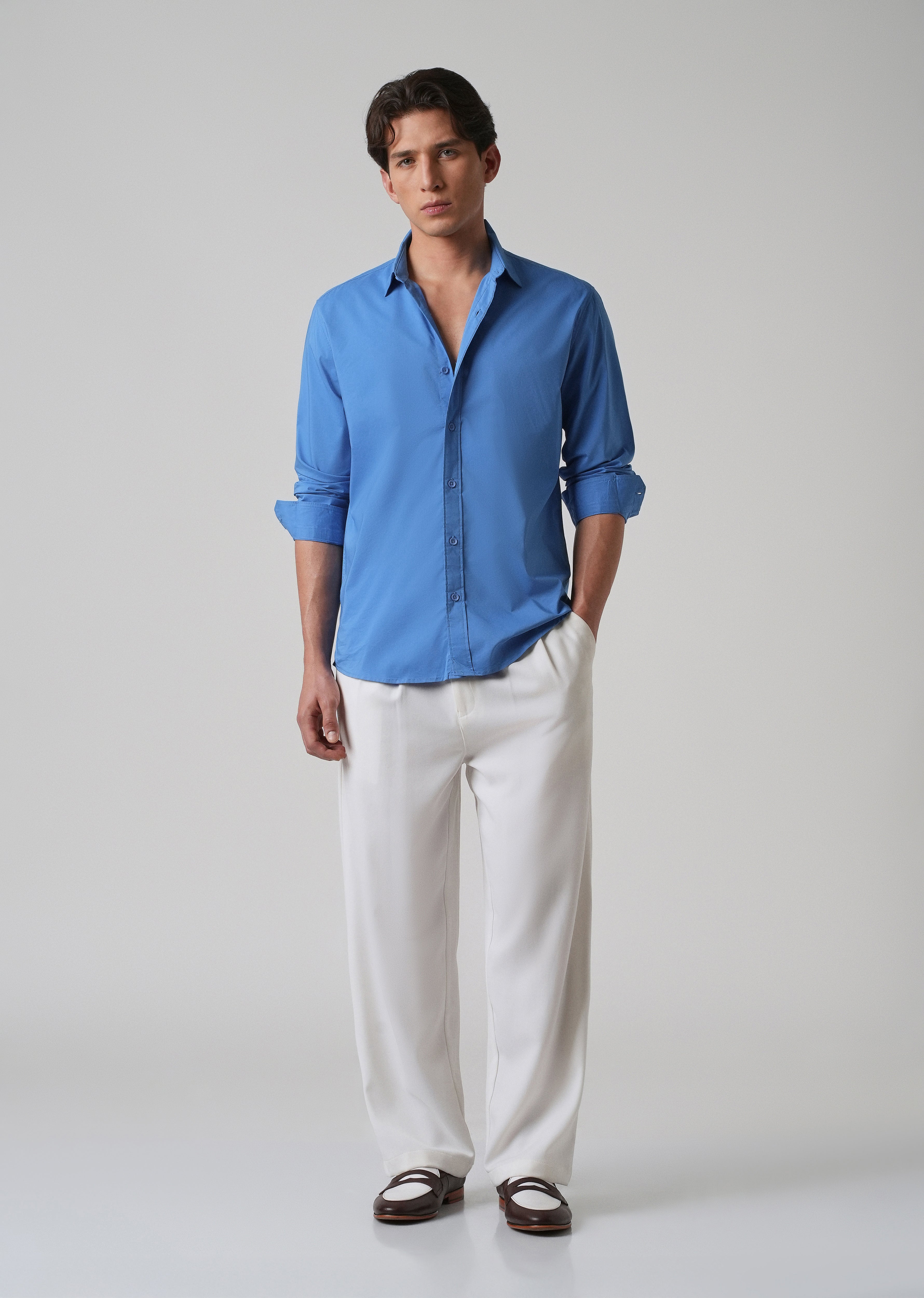Bright Blue Plain Blended Cotton Shirt