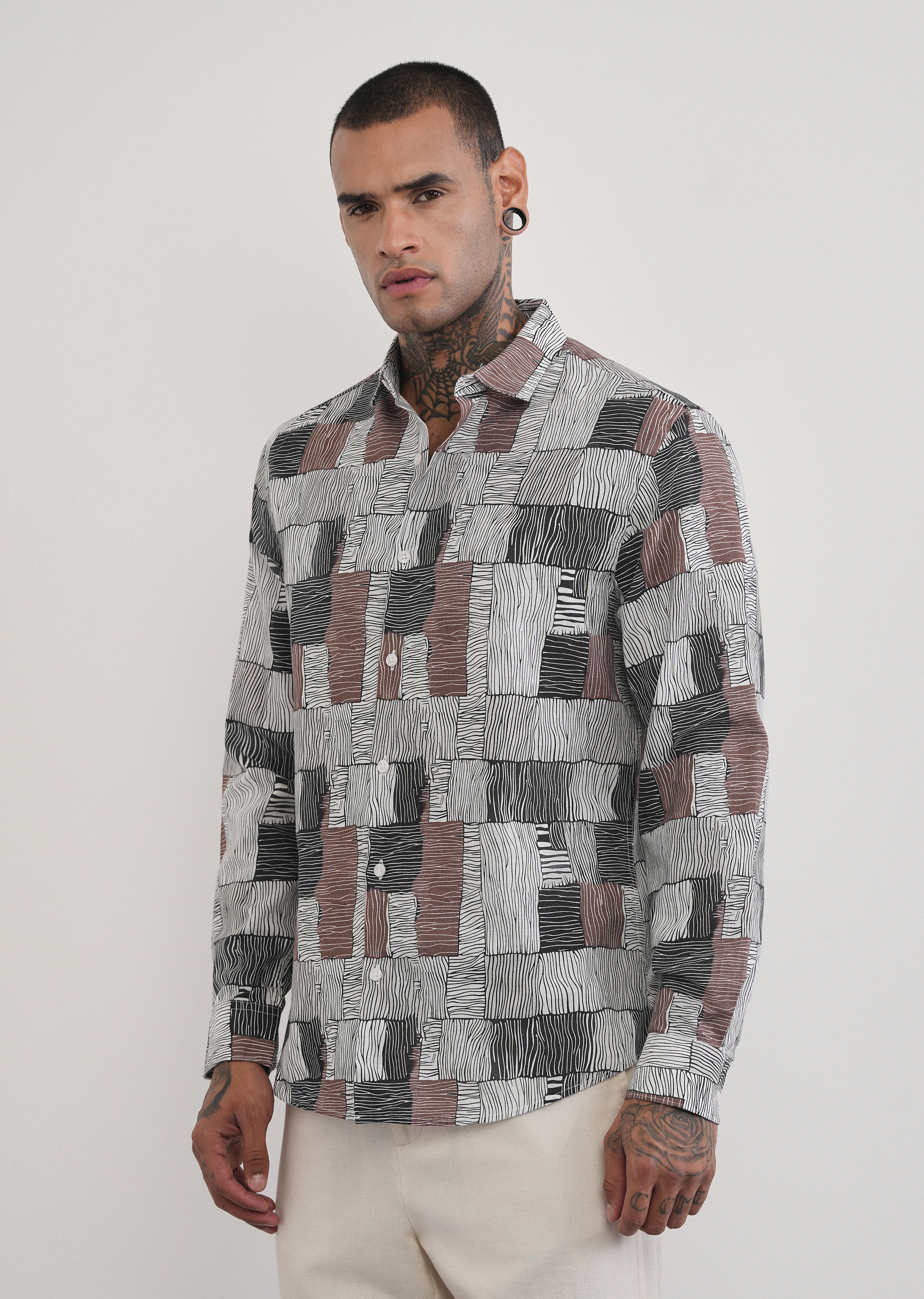 Brown Abstract Print Cotton Linen Shirt