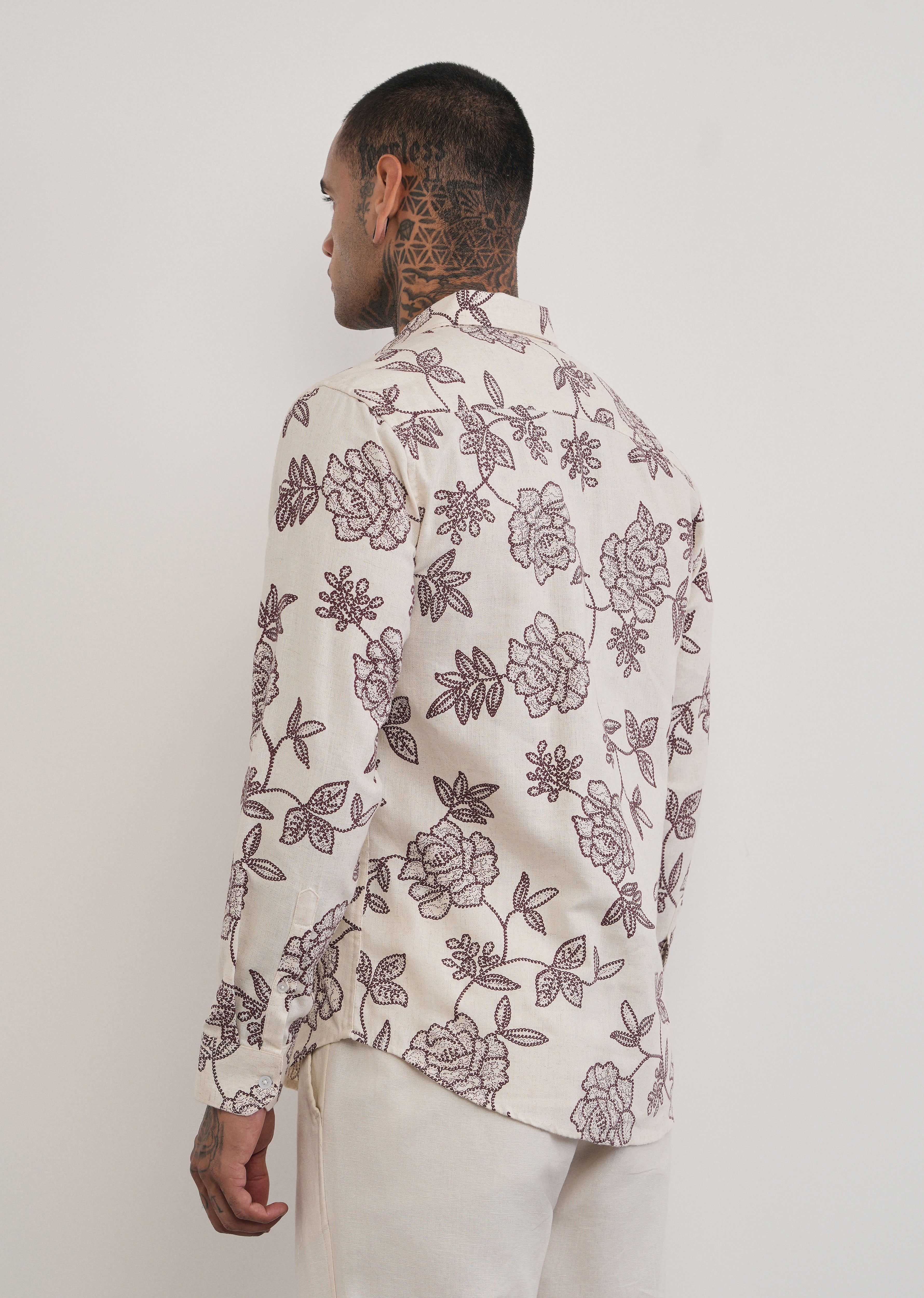 Brown Blended Linen Floral Print Shirt