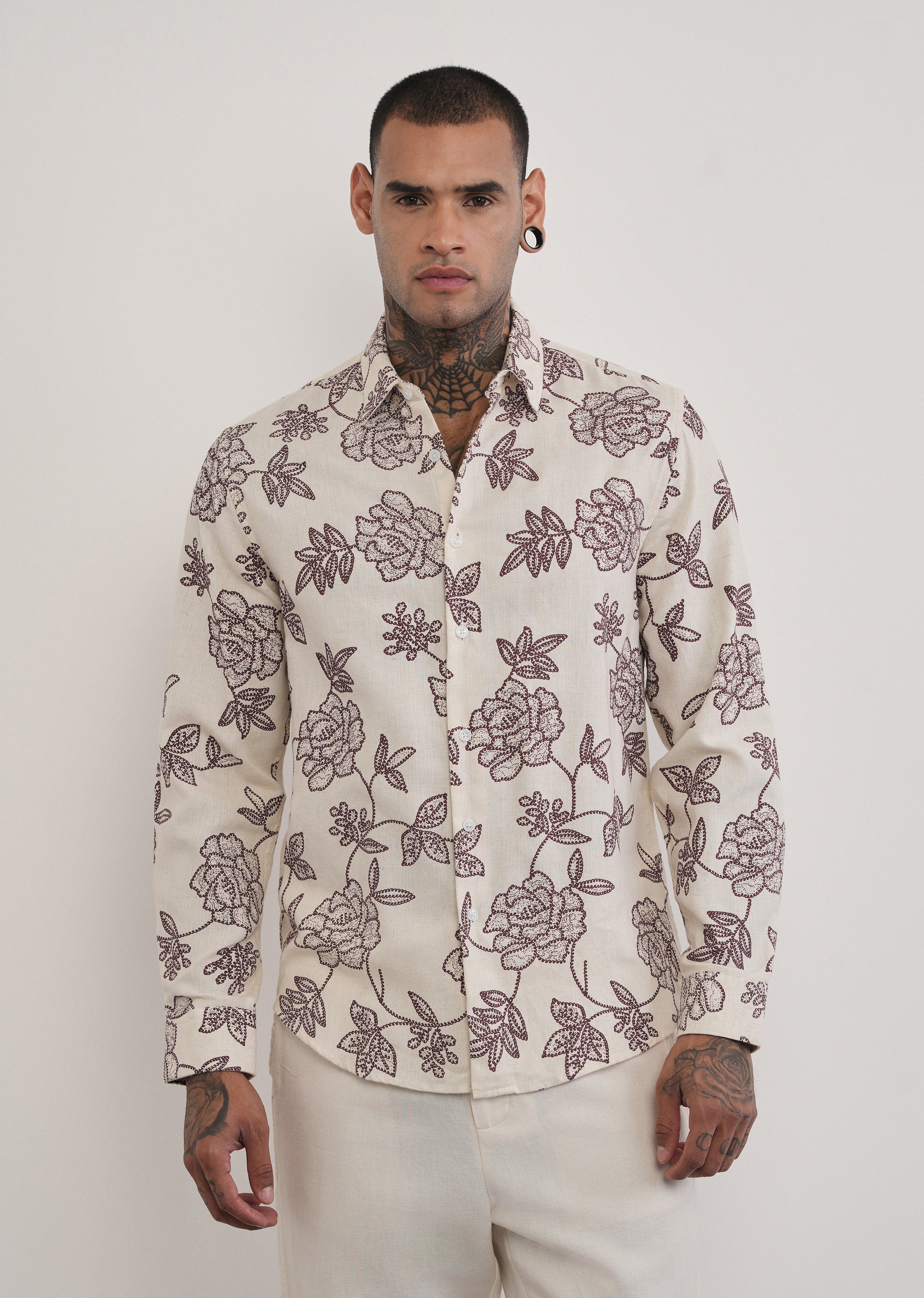 Brown Blended Linen Floral Print Shirt
