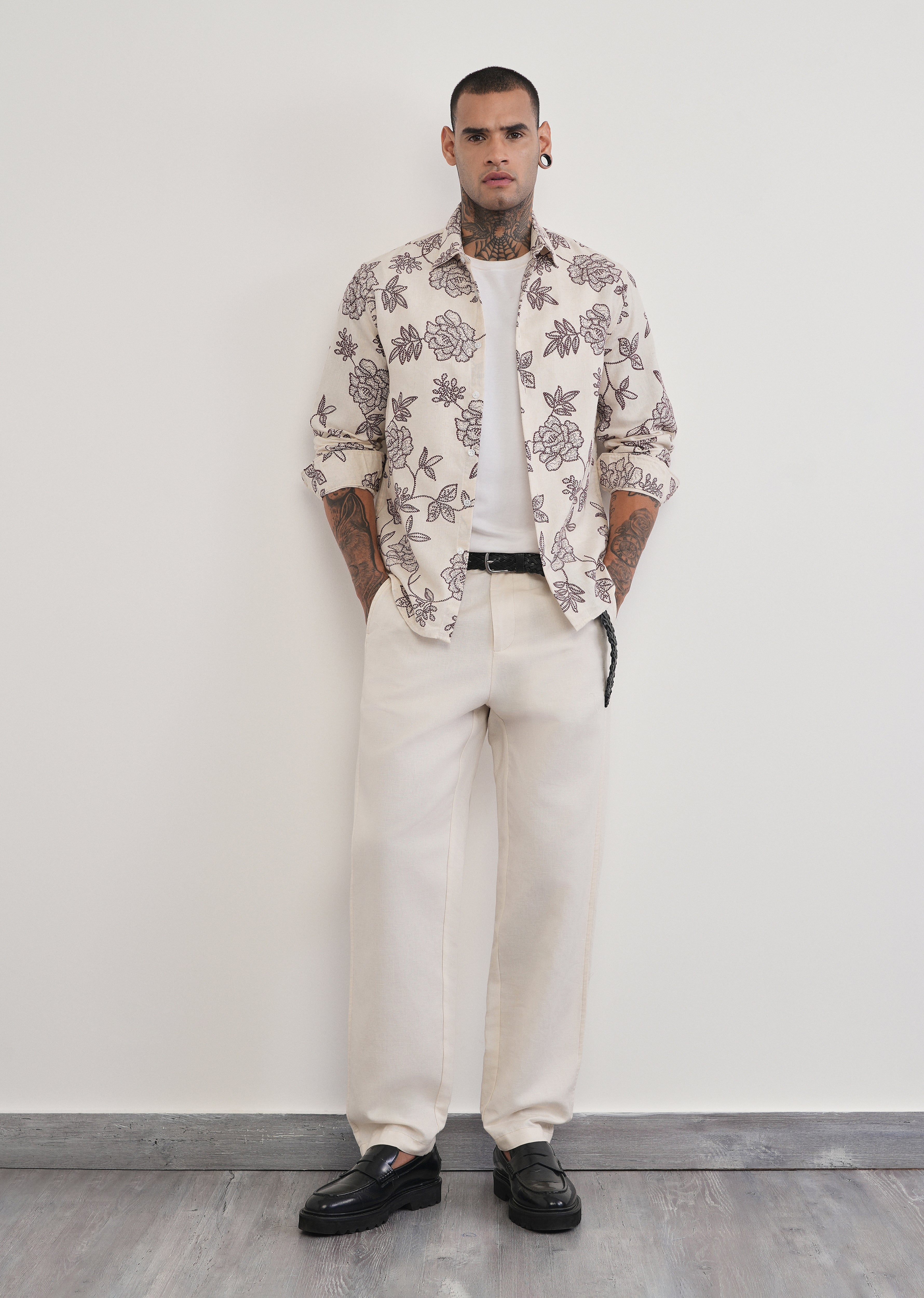 Brown Blended Linen Floral Print Shirt