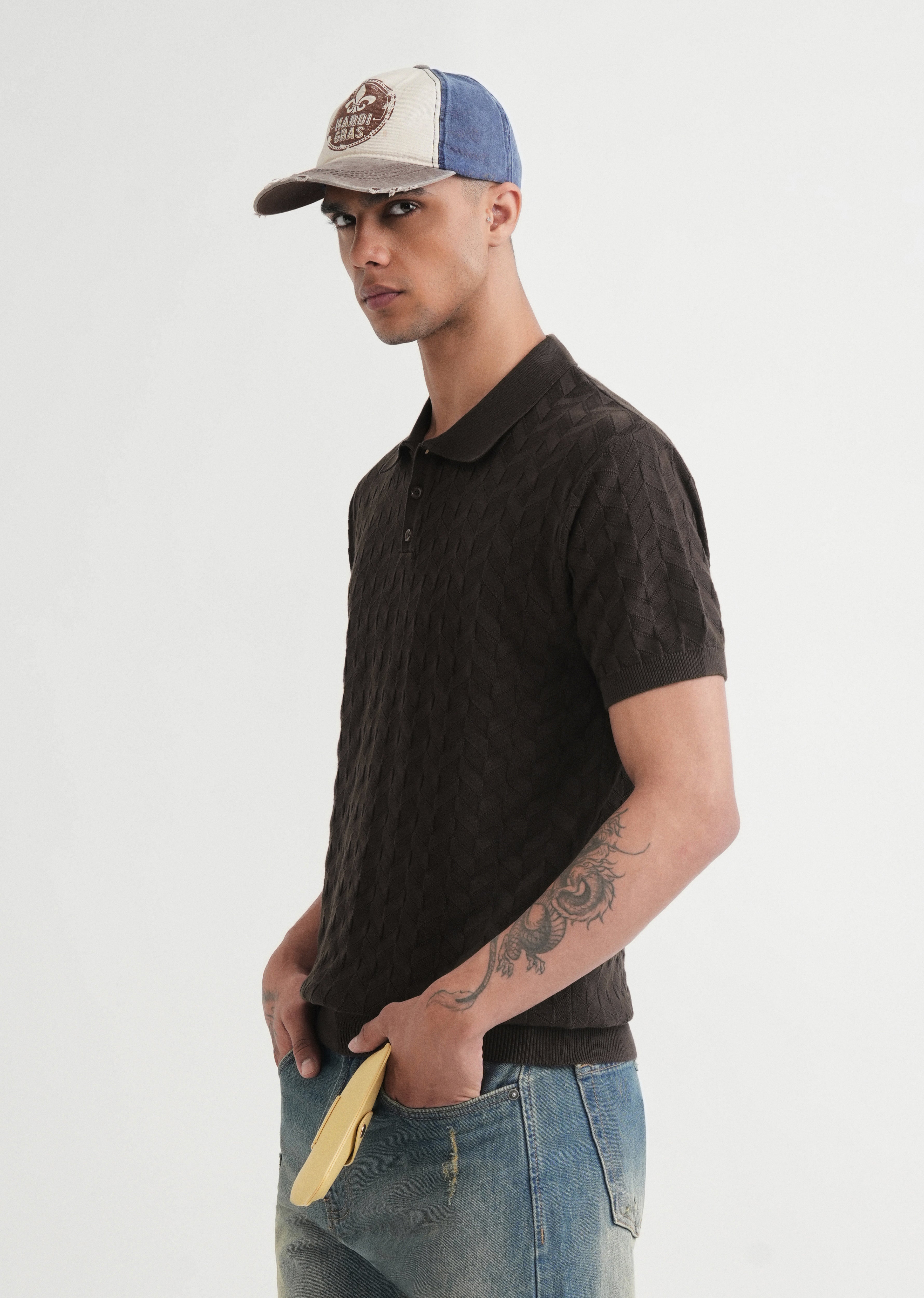 Brown Textured Knitted Polo