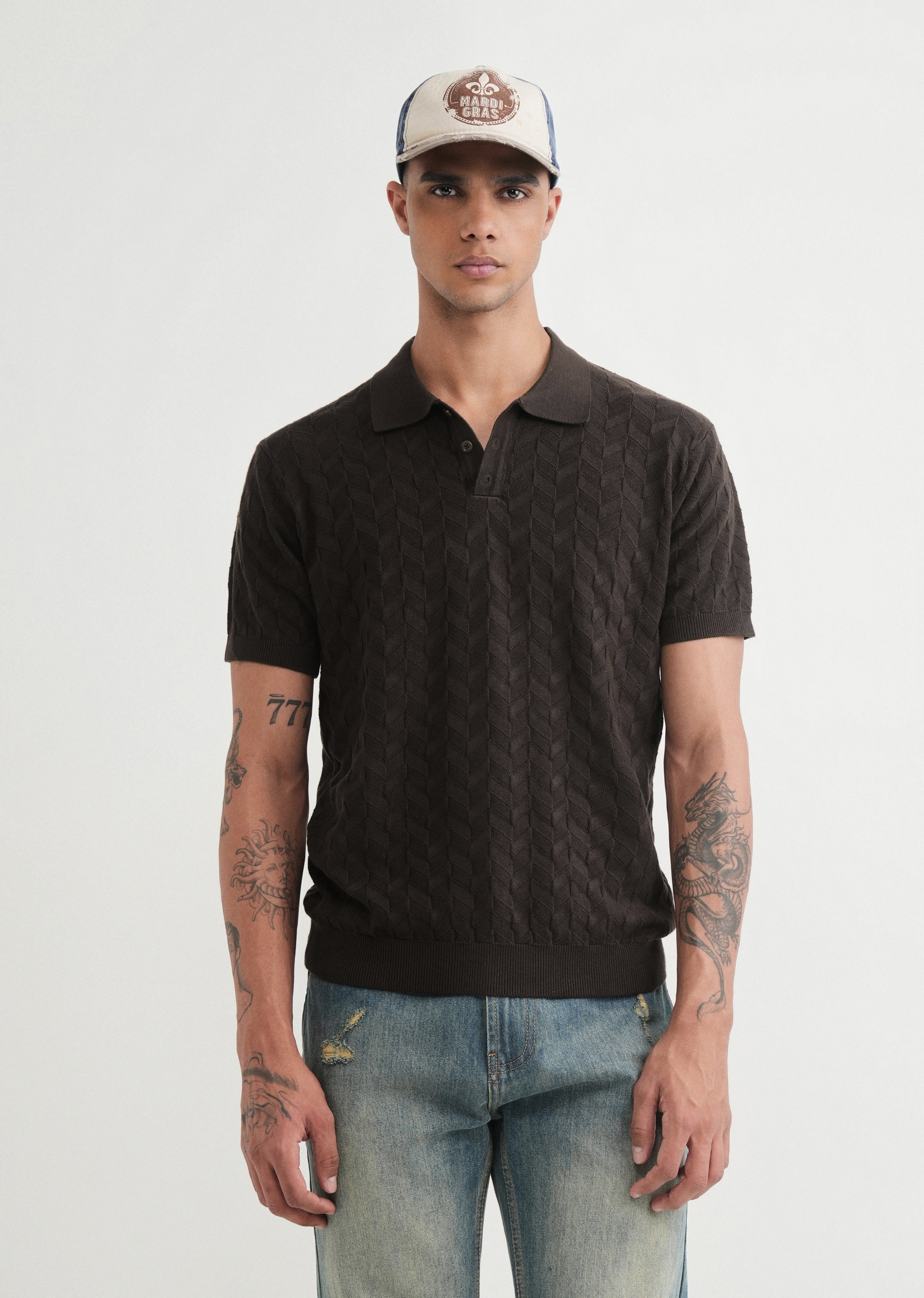 Brown Textured Knitted Polo