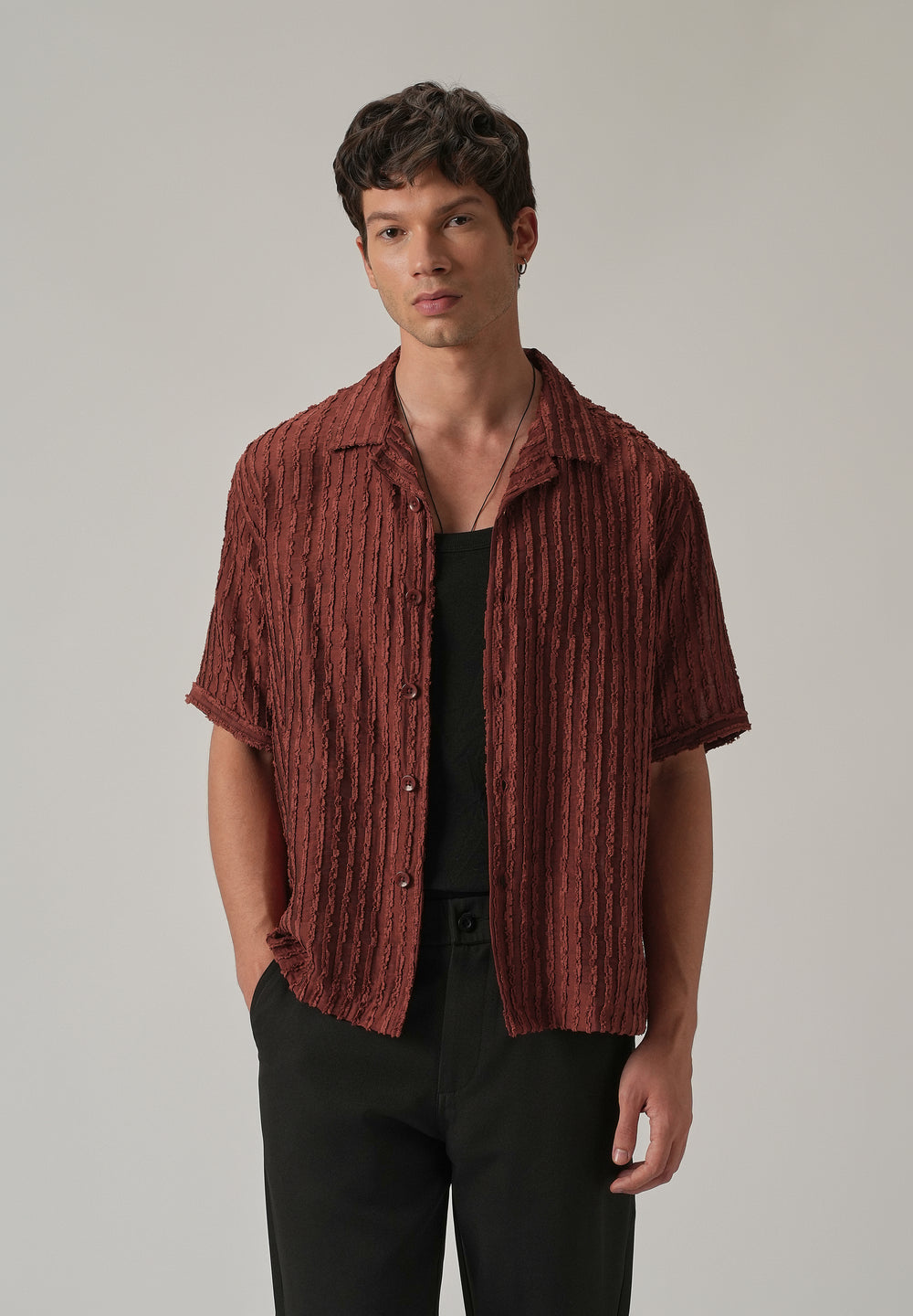 Maroon Brown Clip Jacquard Stripe Shirt