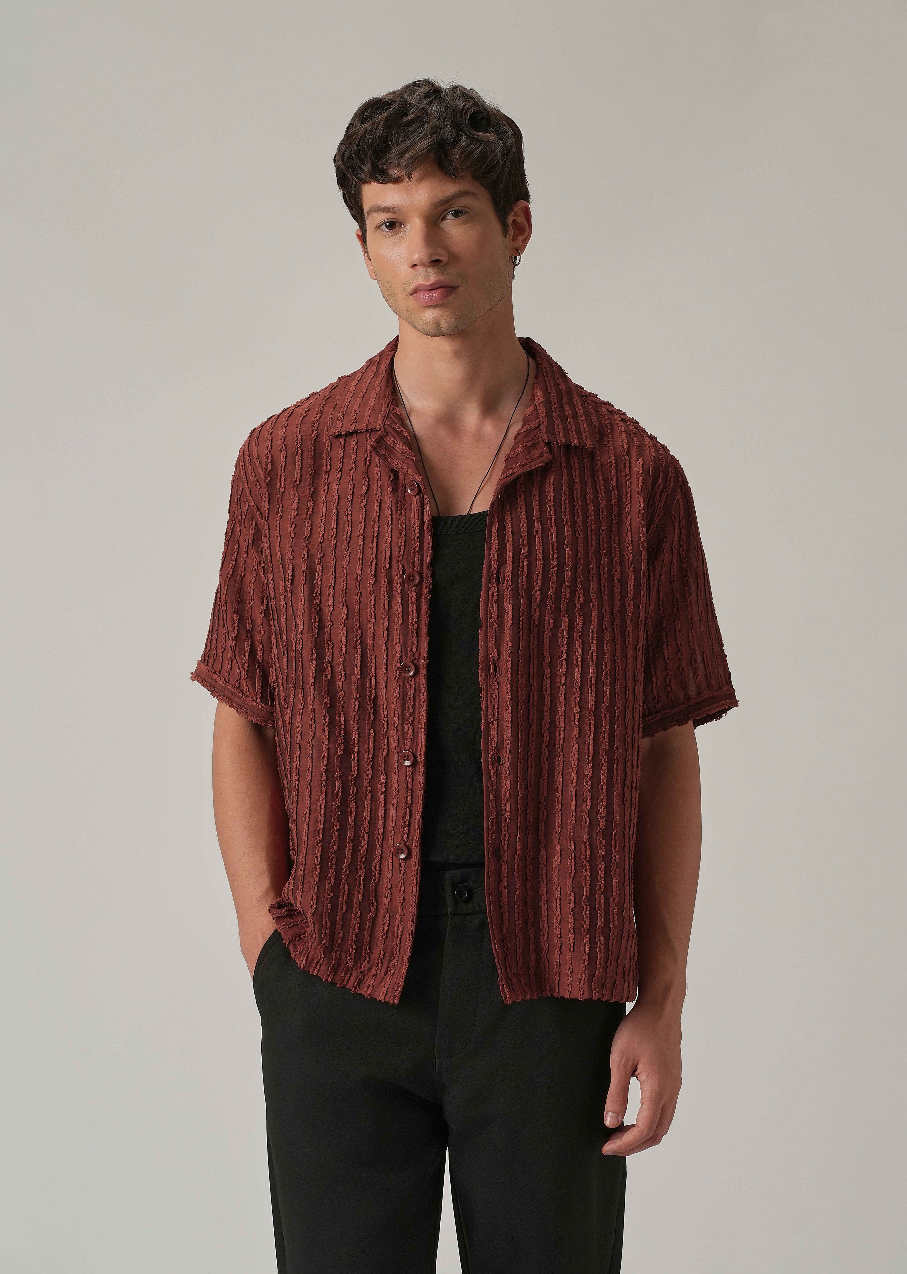 Maroon Brown Clip Jacquard Stripe Shirt