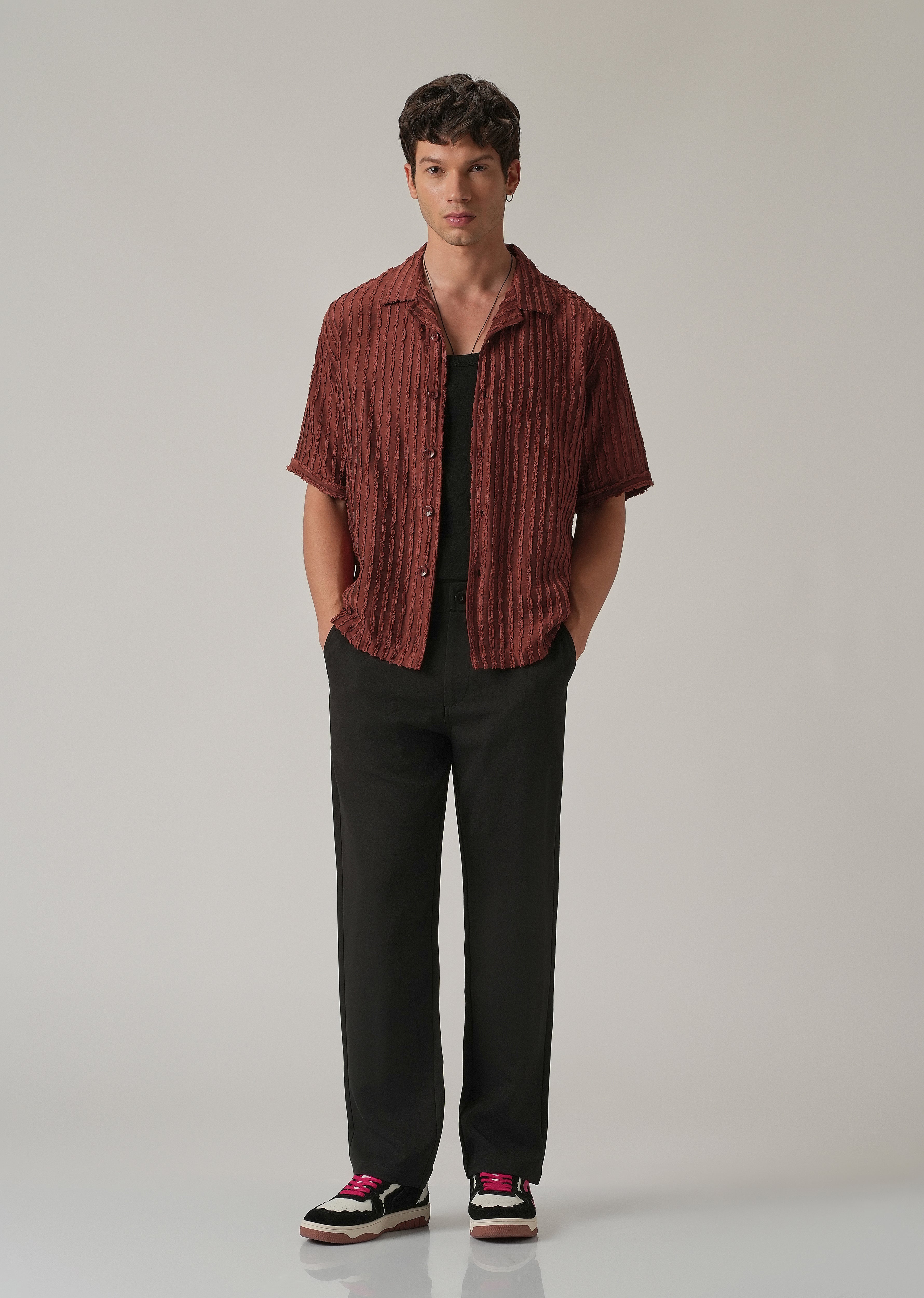 Maroon Brown Clip Jacquard Stripe Shirt