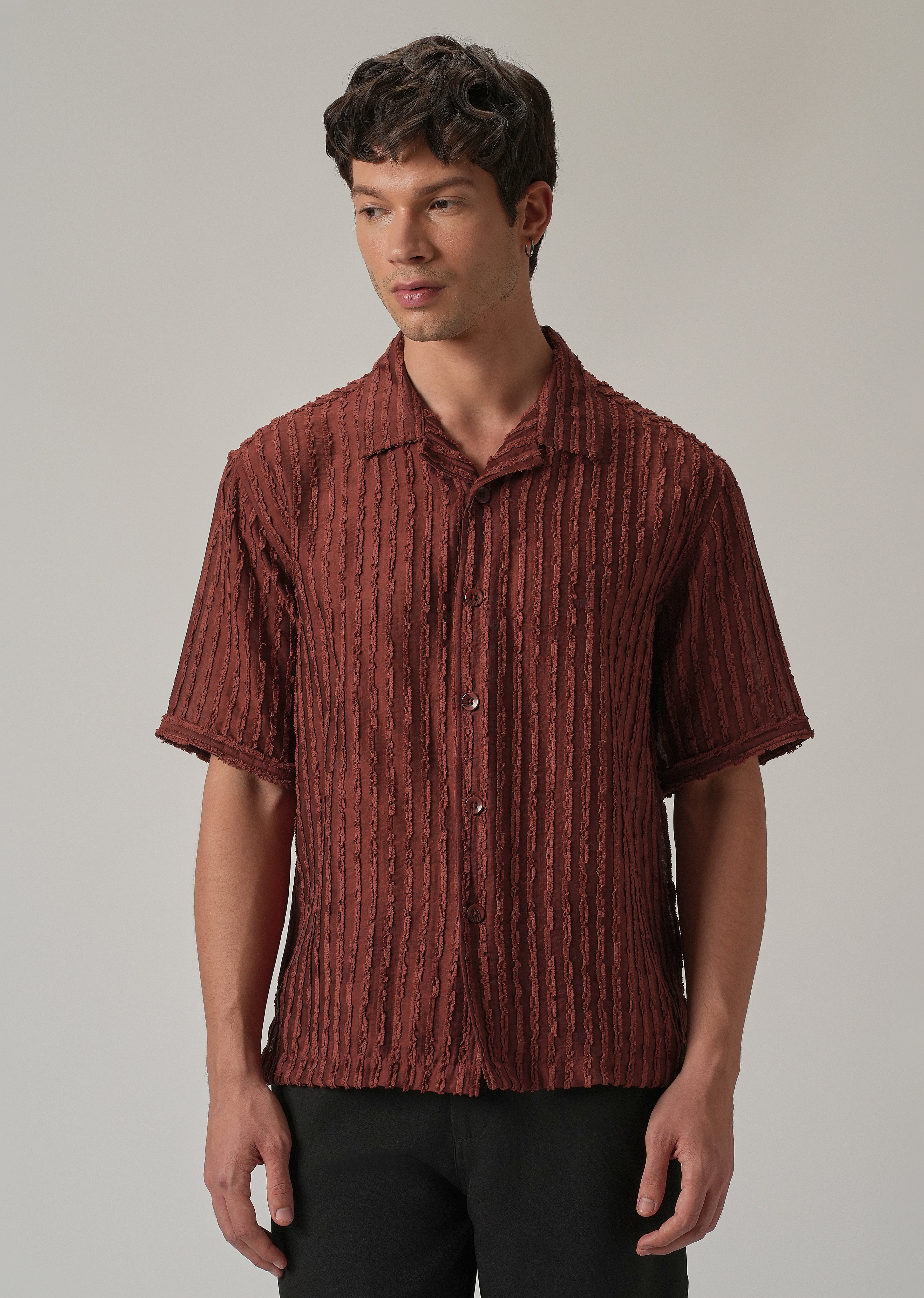 Maroon Brown Clip Jacquard Stripe Shirt
