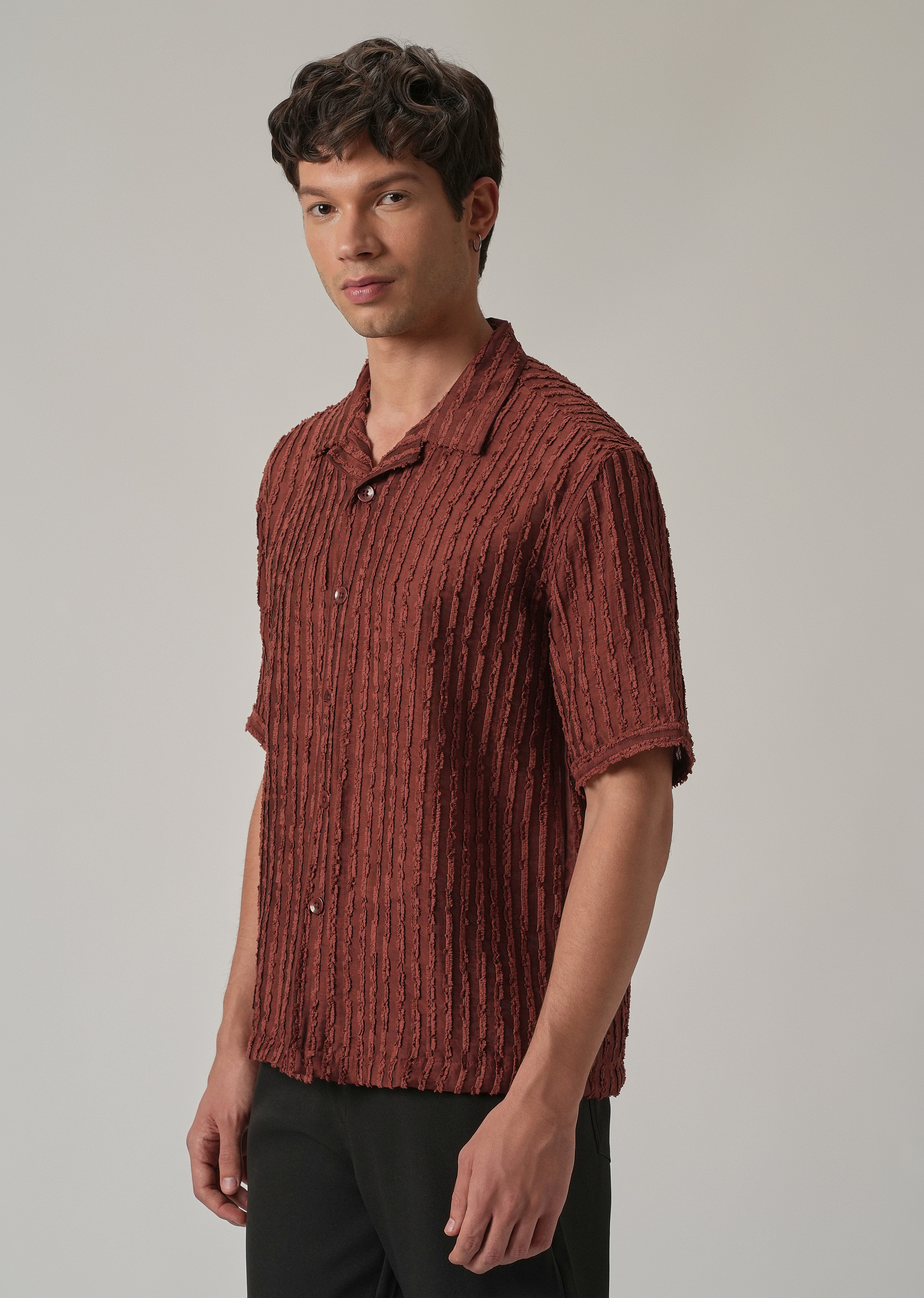 Maroon Brown Clip Jacquard Stripe Shirt