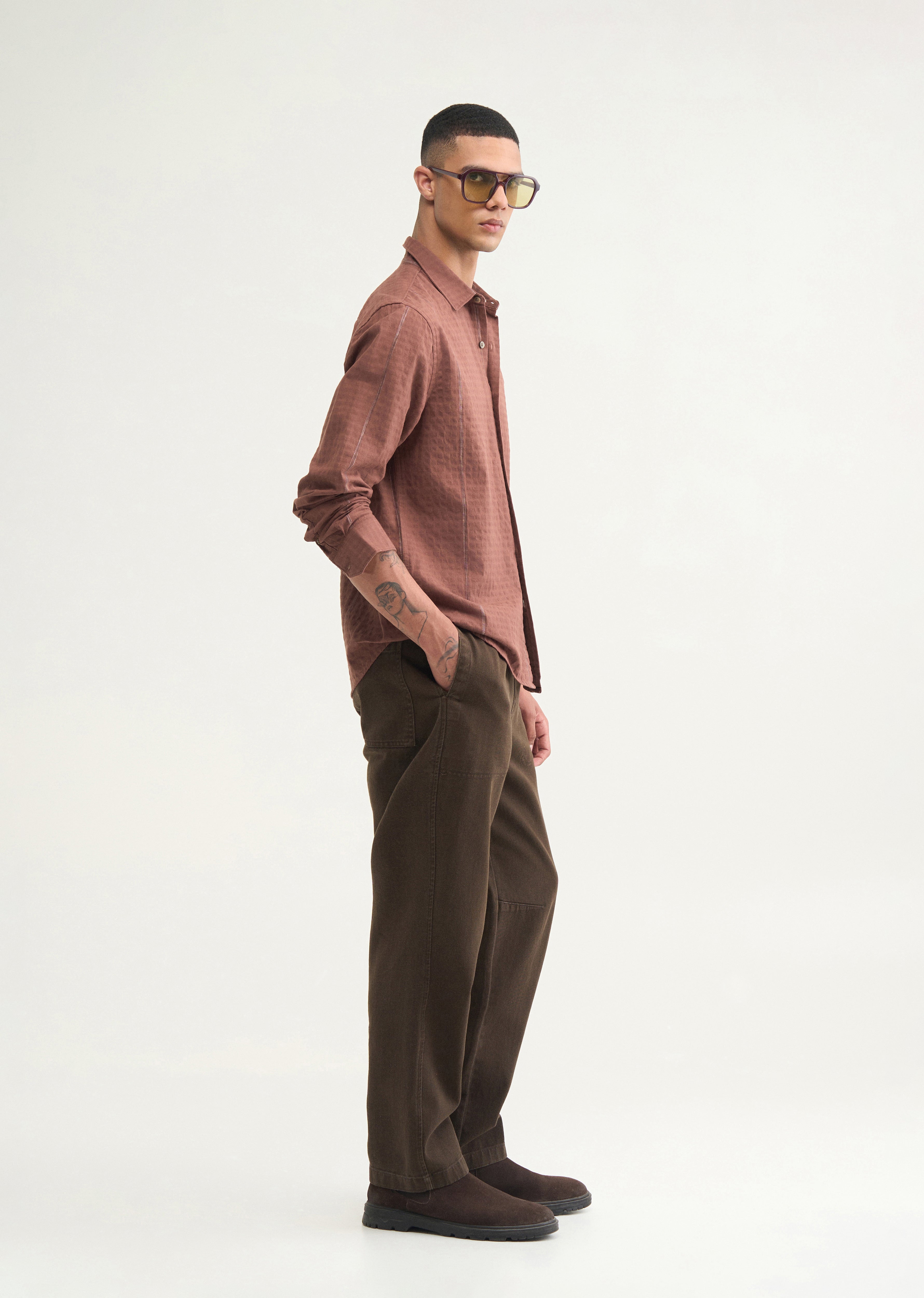 Brown Contrast Striped Cotton Shirt