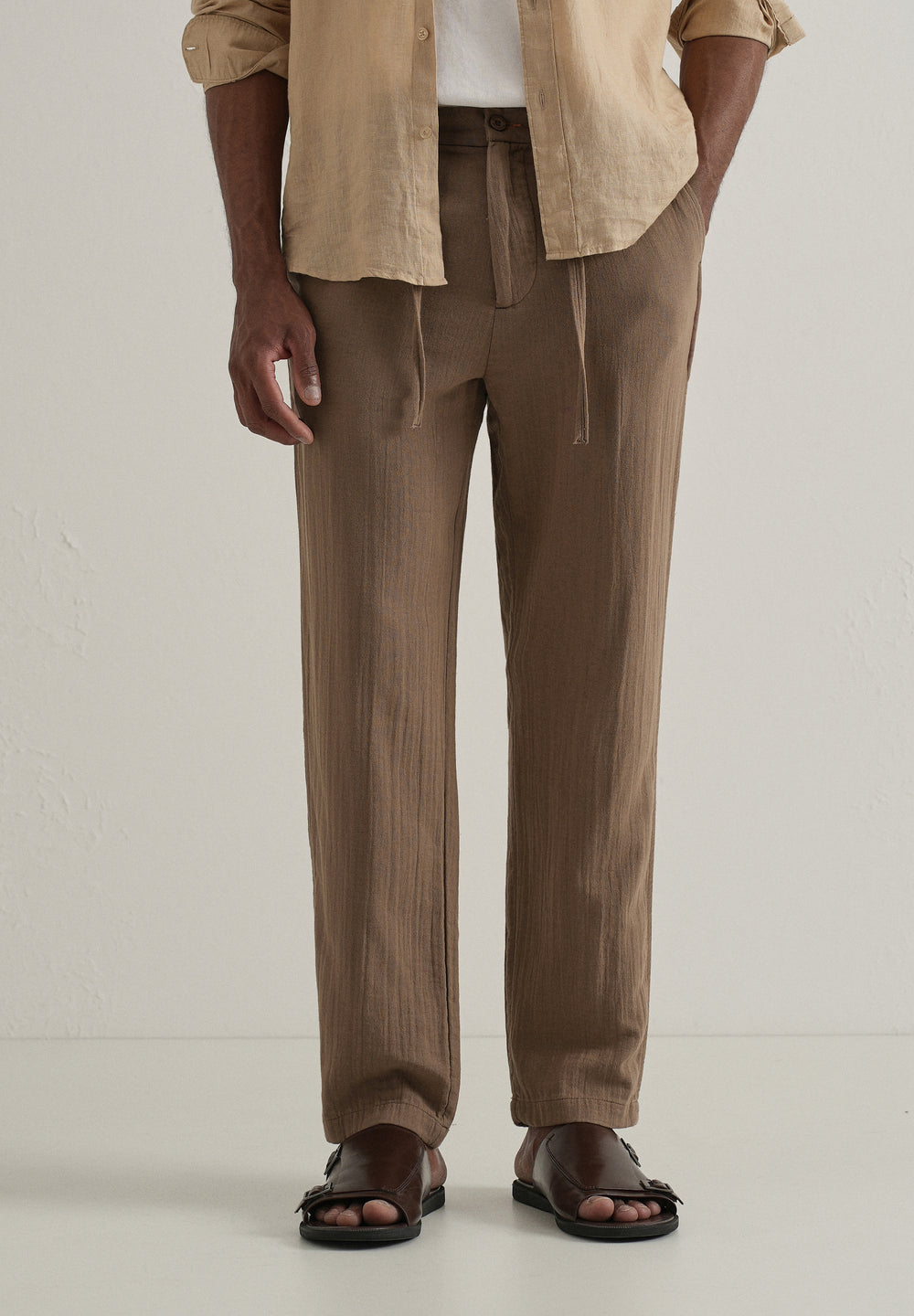 Brown Crinkled Cotton Trouser