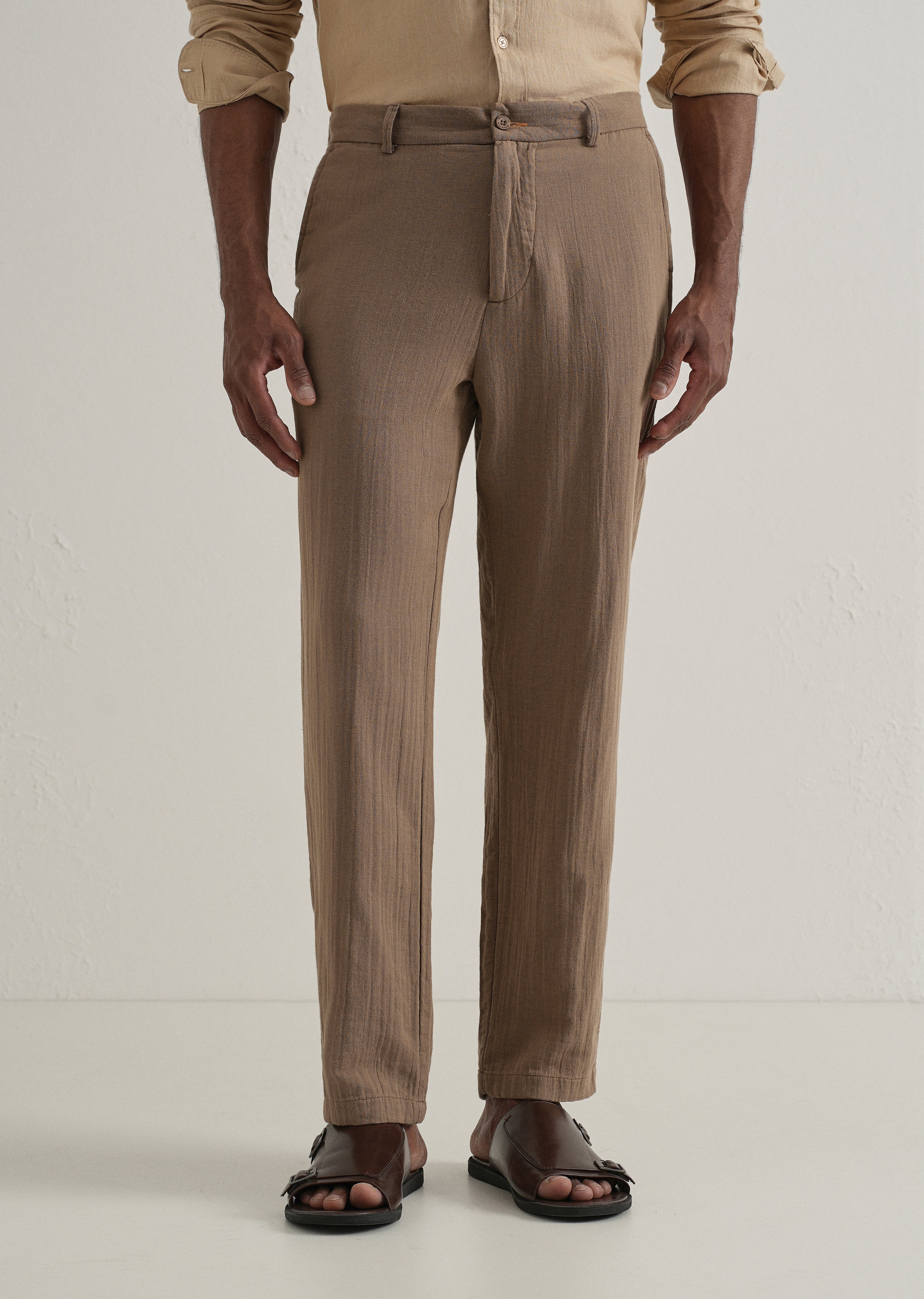 Brown Crinkled Cotton Trouser