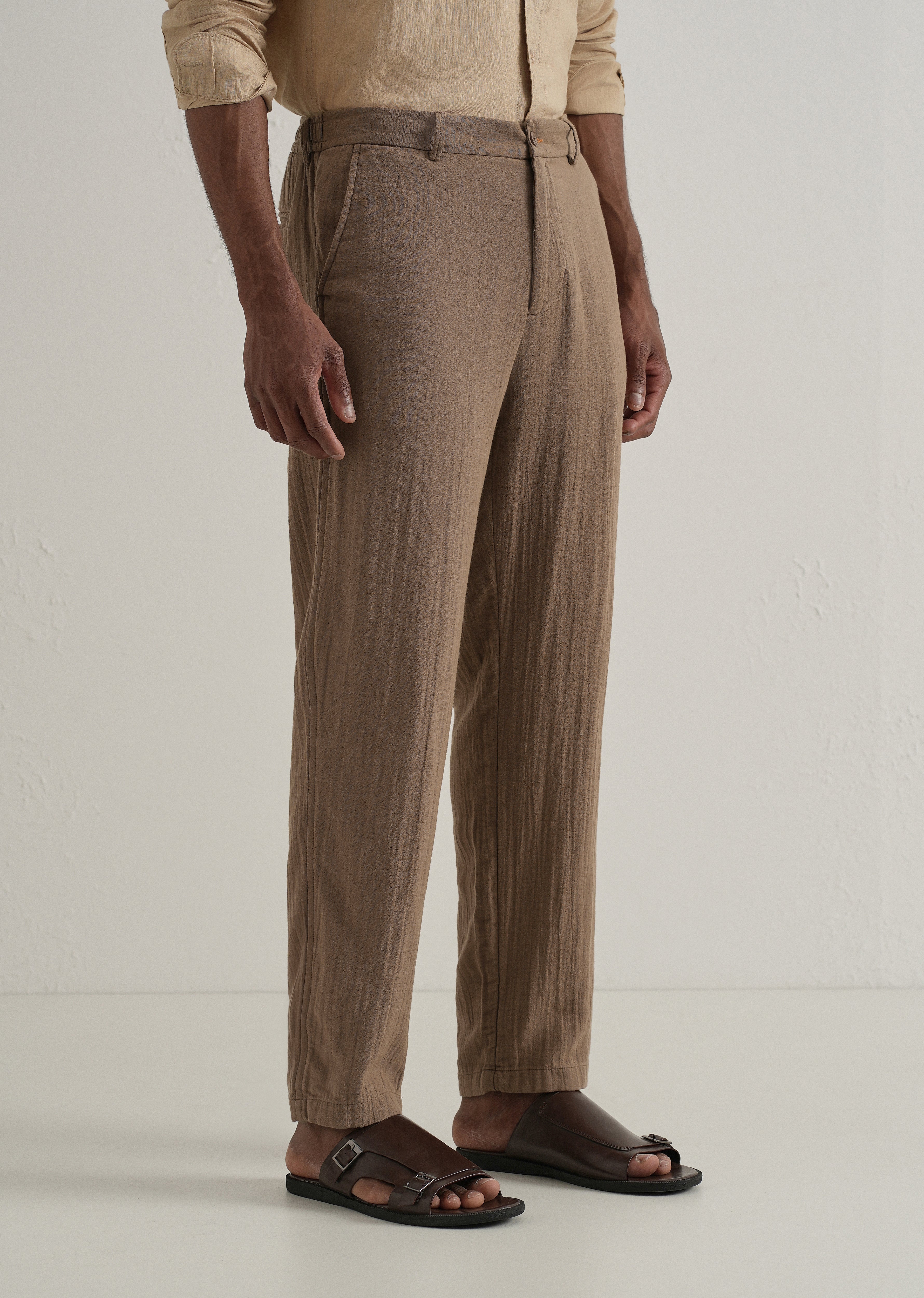 Brown Crinkled Cotton Trouser