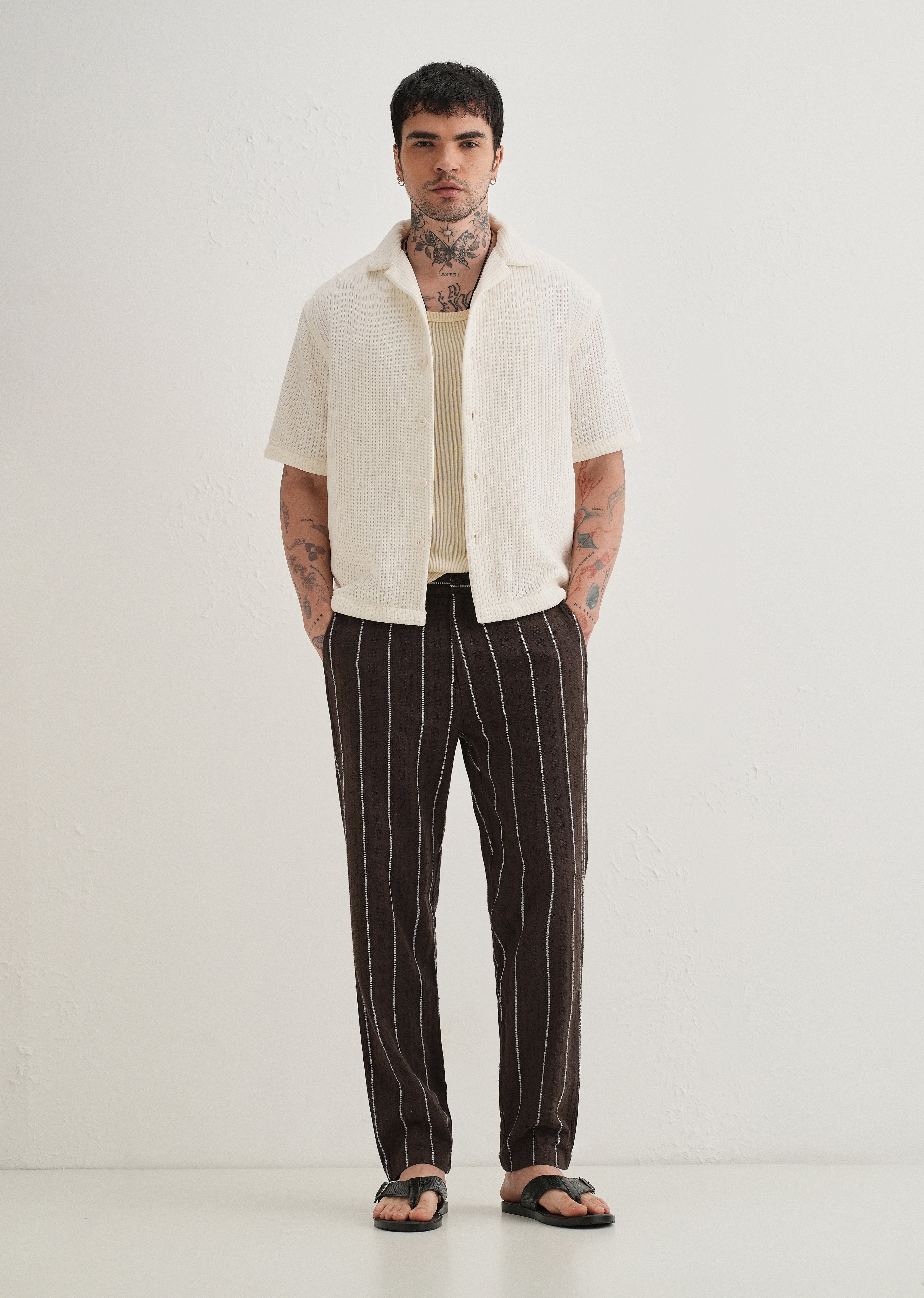 Brown Dobby Cotton Stripe Pants