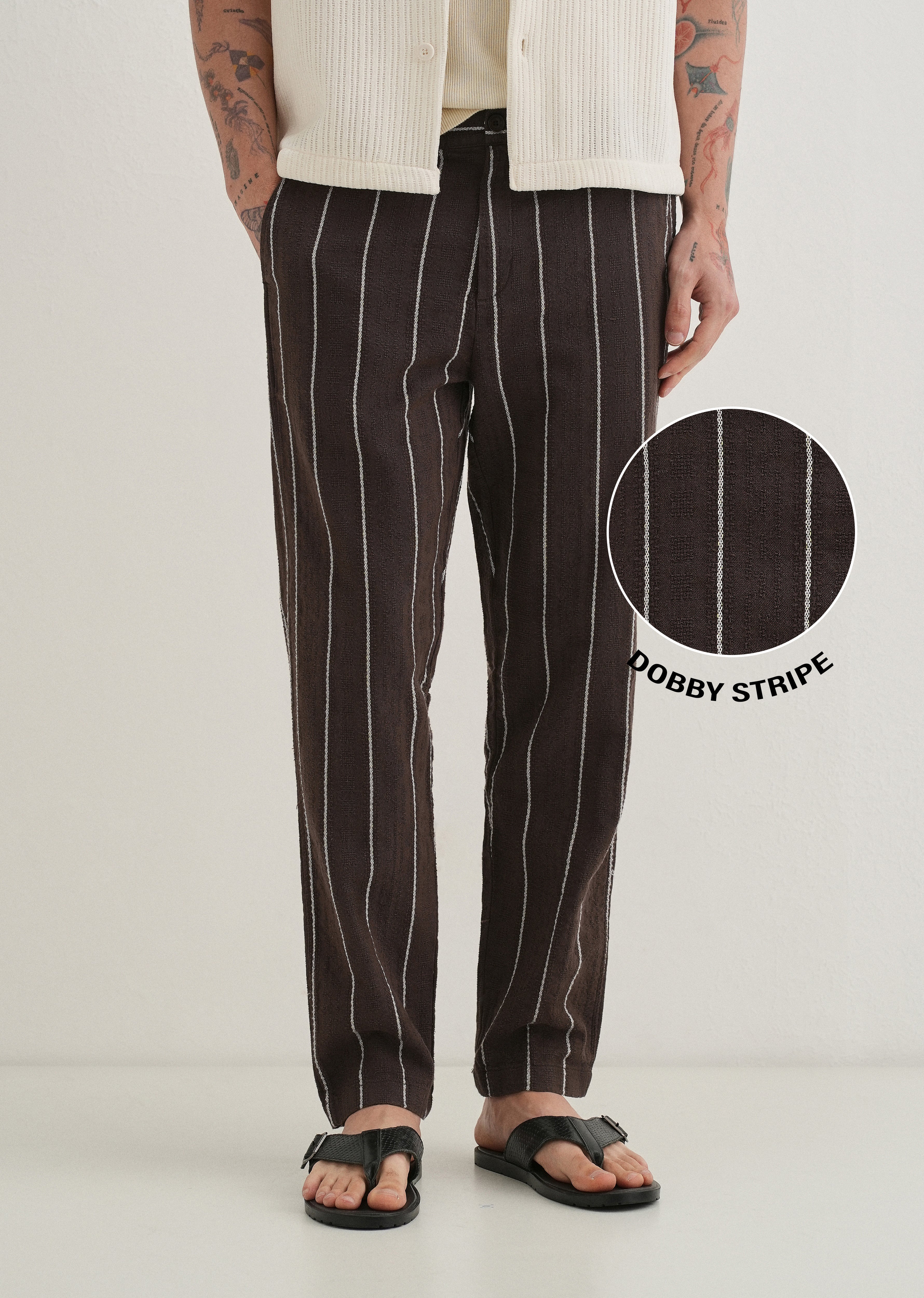 Brown Dobby Cotton Stripe Pants