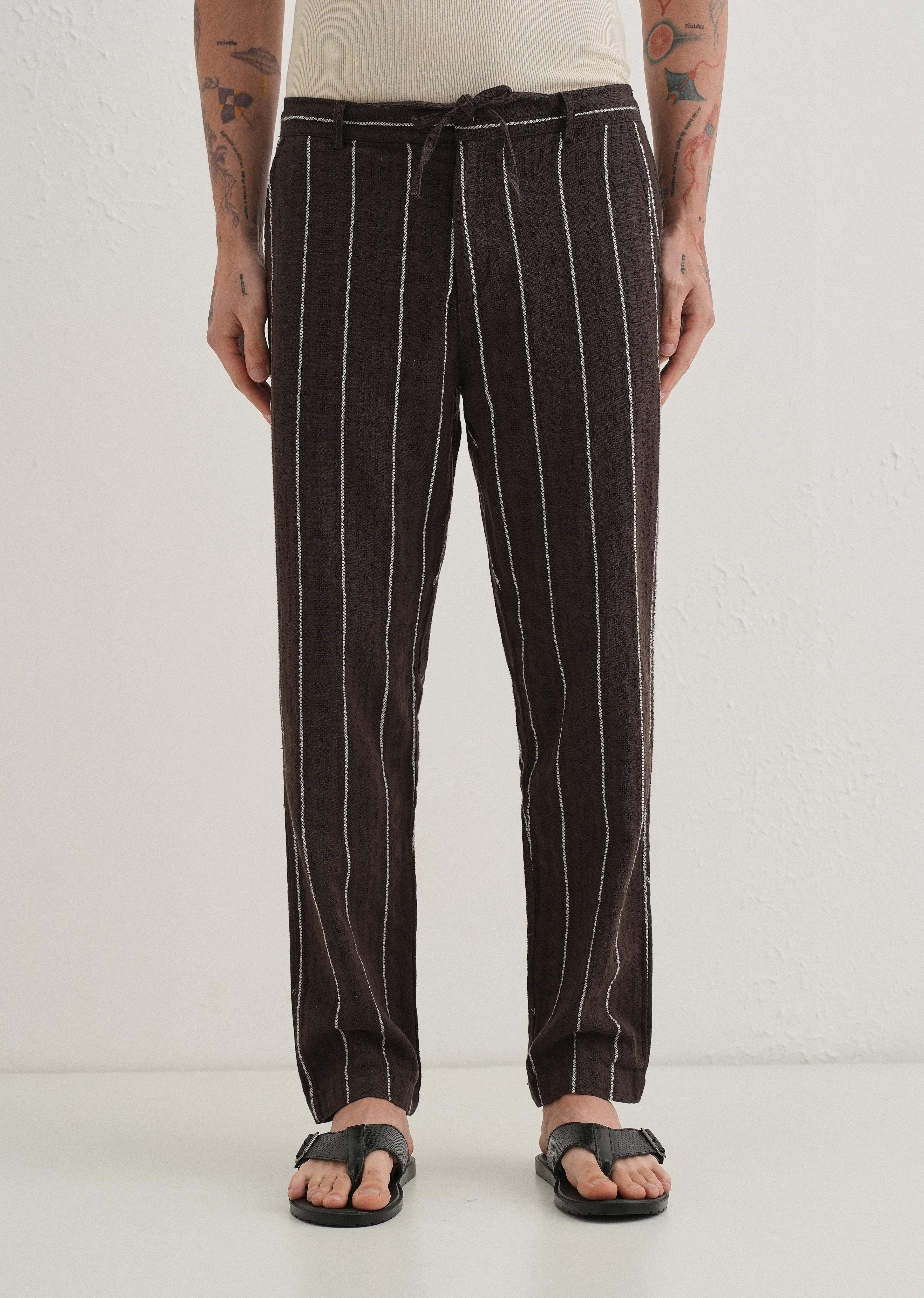 Brown Dobby Cotton Stripe Pants