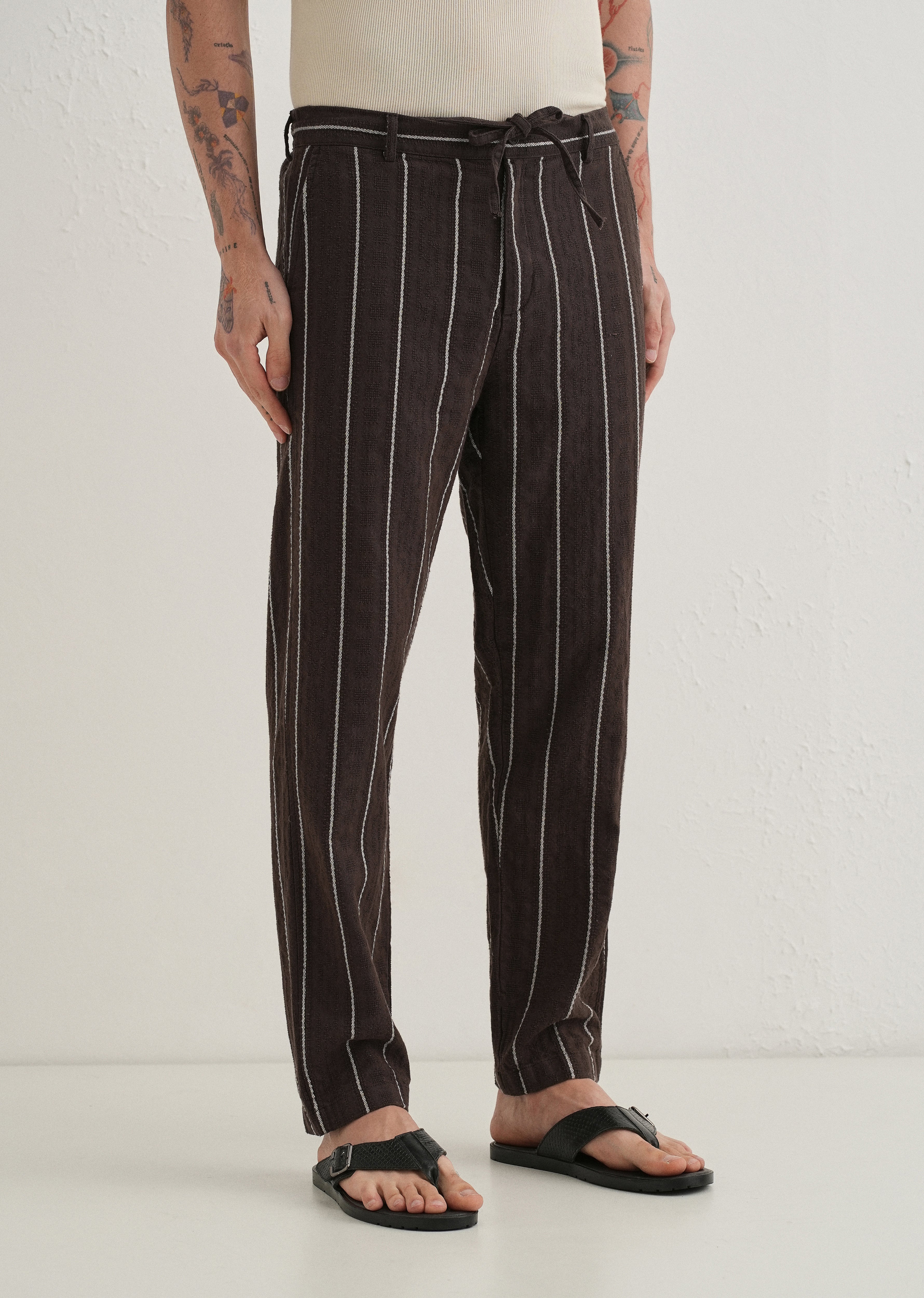 Brown Dobby Cotton Stripe Pants
