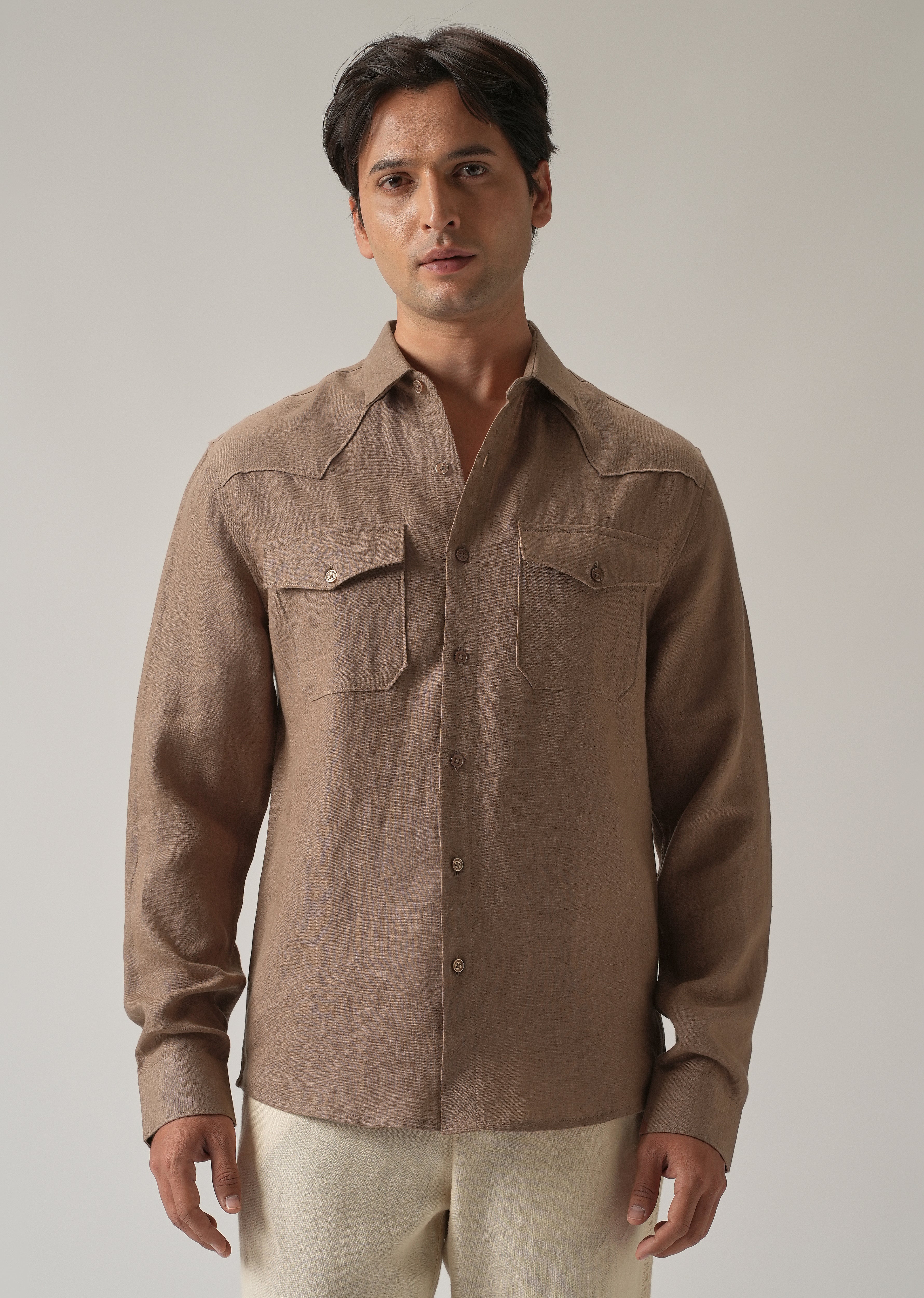 Brown Double Pocket 100% Pure Irish Linen Shirt