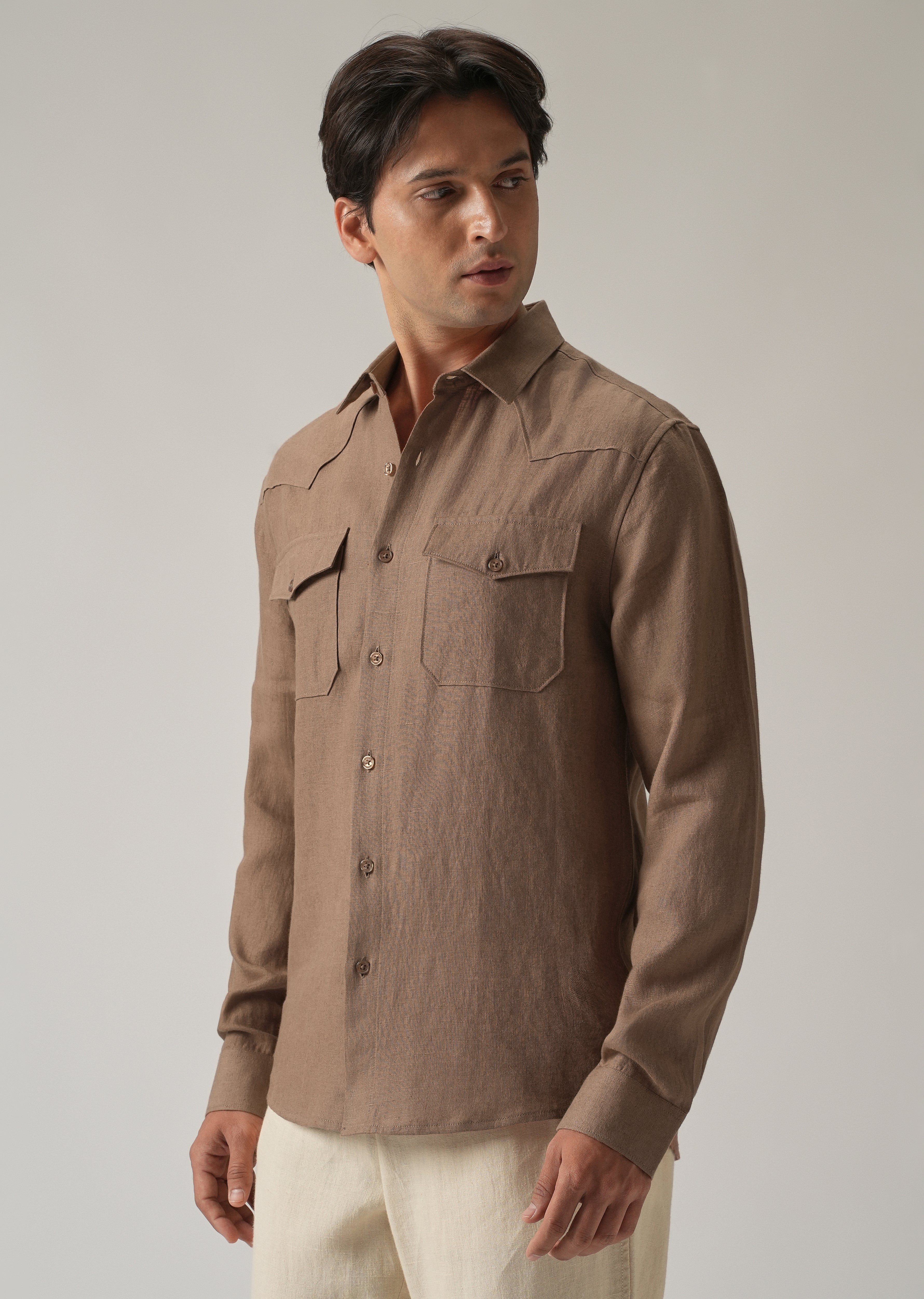 Brown Double Pocket 100% Pure Irish Linen Shirt