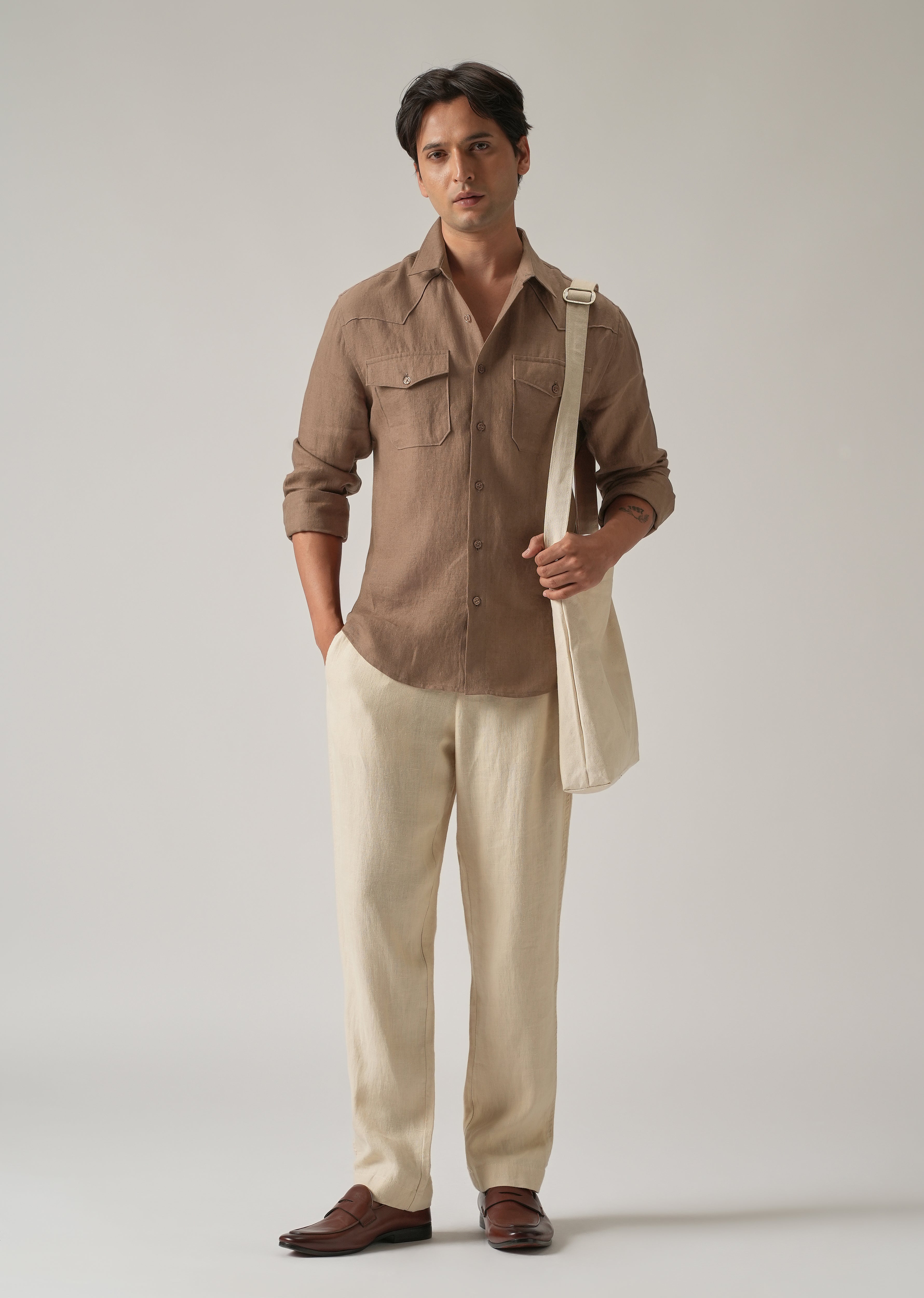 Brown Double Pocket 100% Pure Irish Linen Shirt