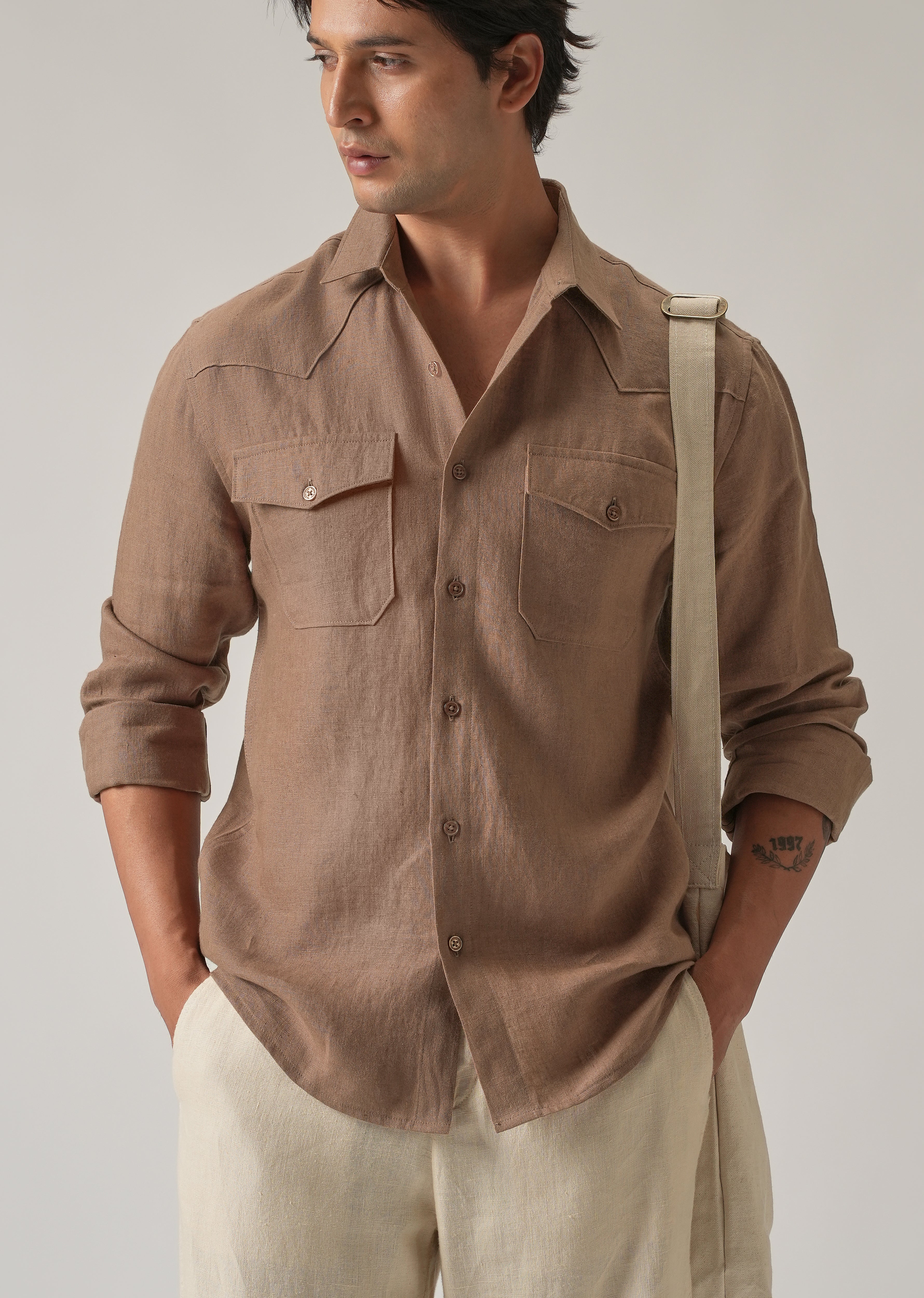 Brown Double Pocket 100% Pure Irish Linen Shirt