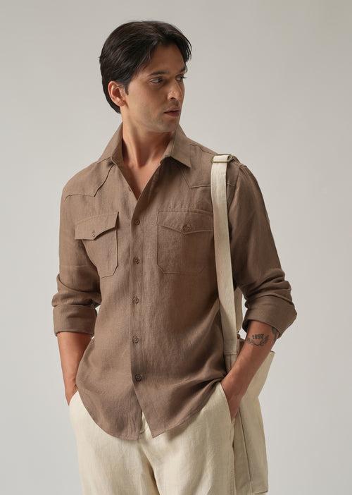 Brown Double Pocket 100% Pure Irish Linen Shirt
