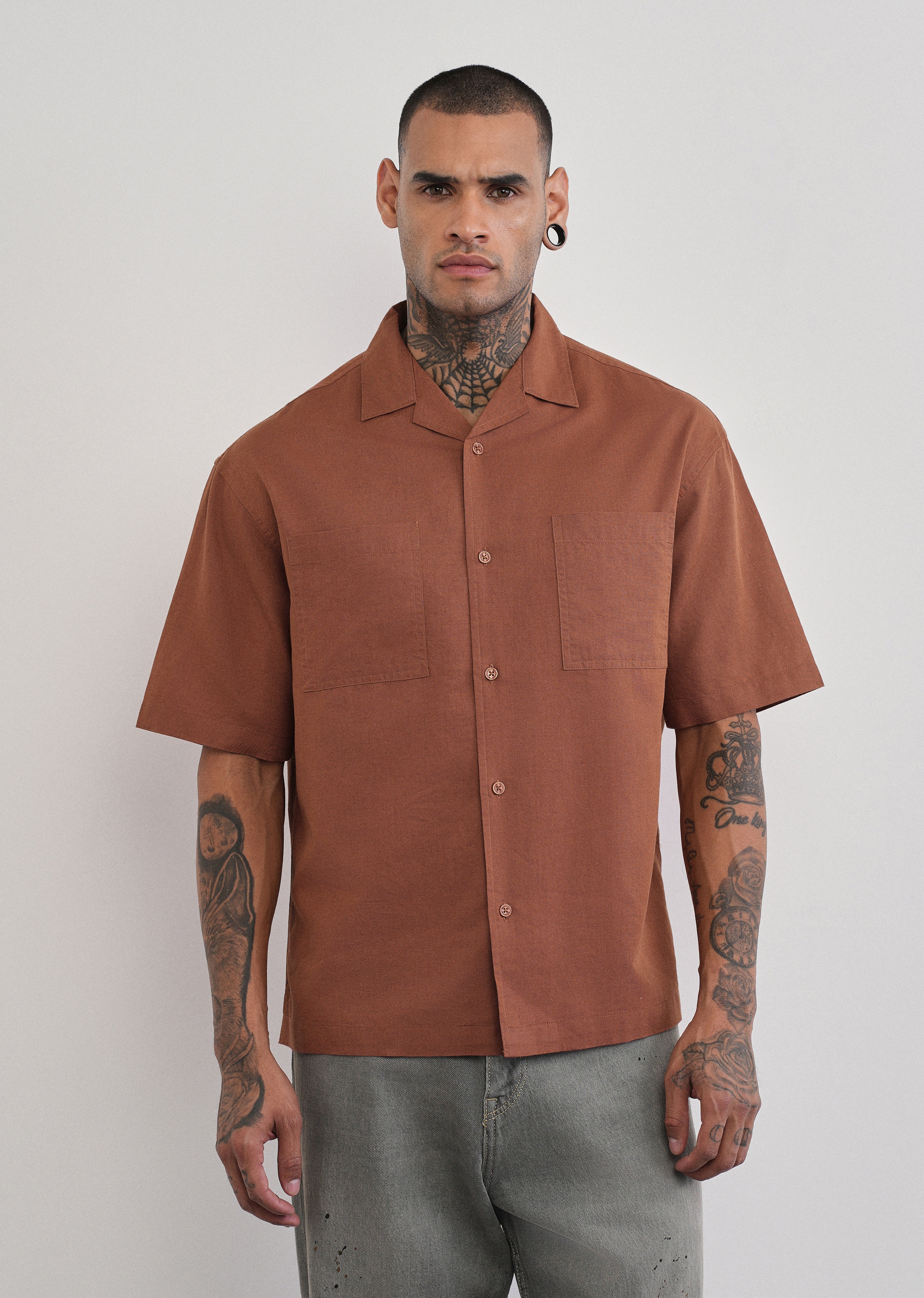 Brown Double Pocket Cotton Linen Shirt
