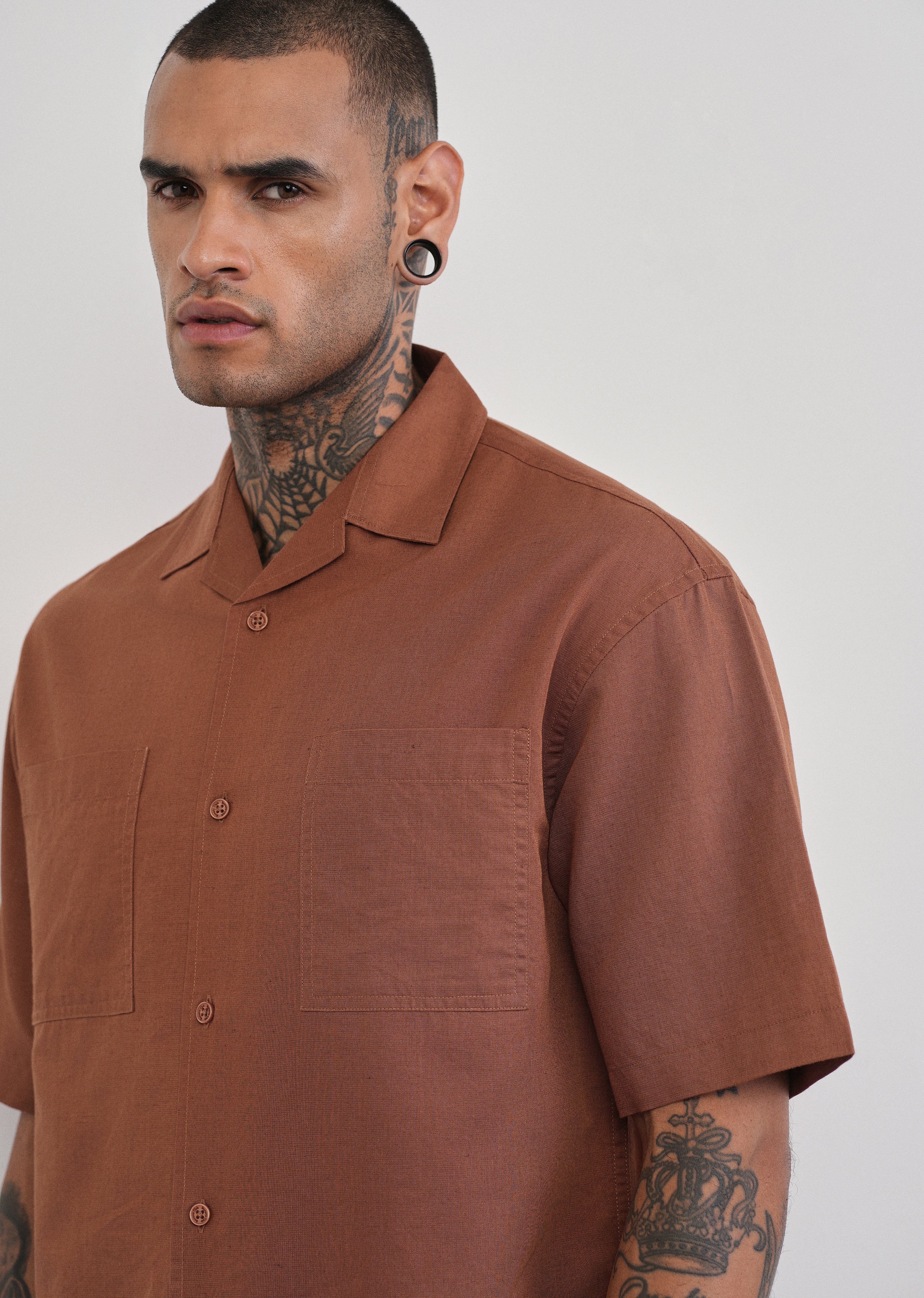 Brown Double Pocket Cotton Linen Shirt