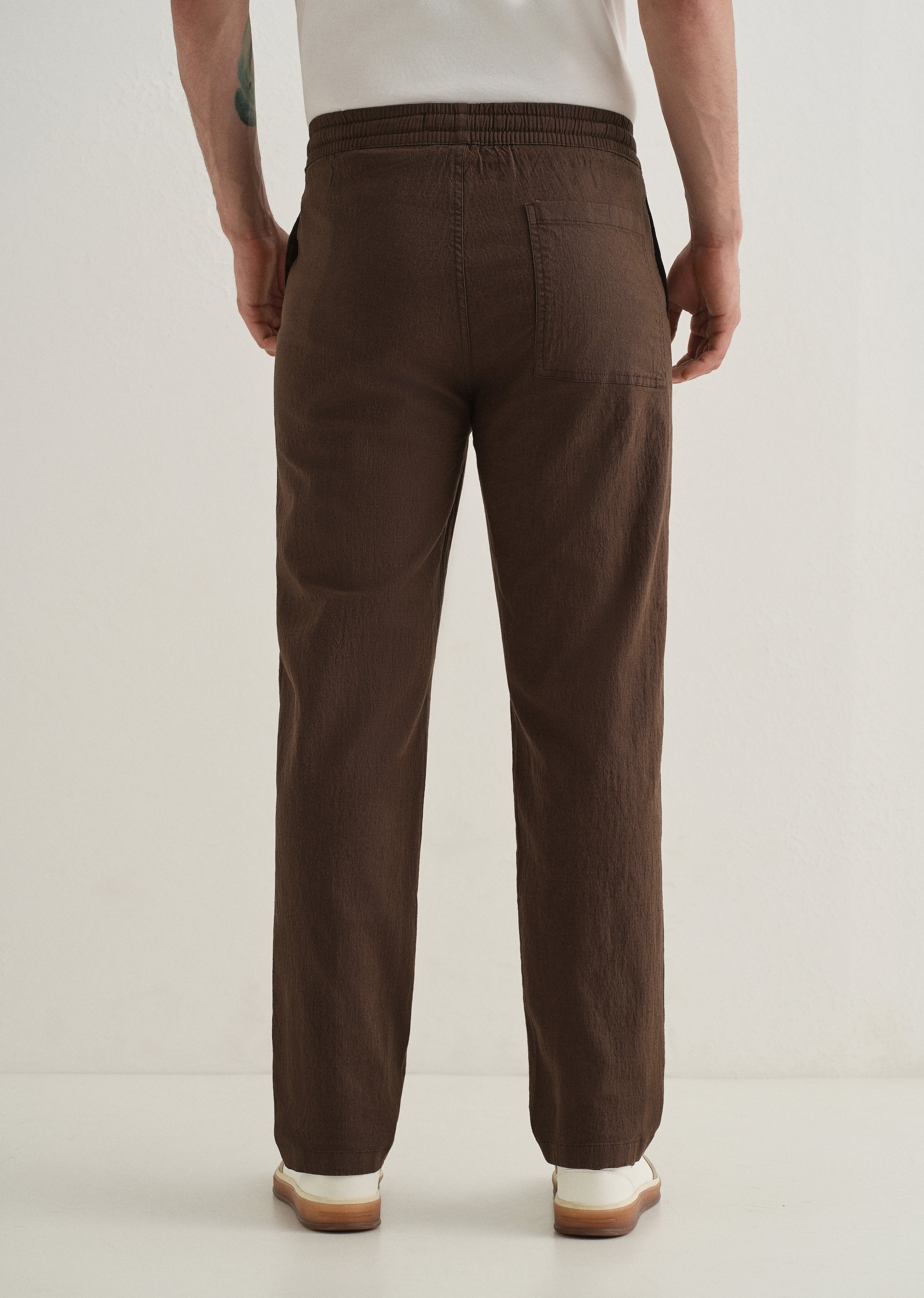 Brown Drawstring Cotton Linen Pant