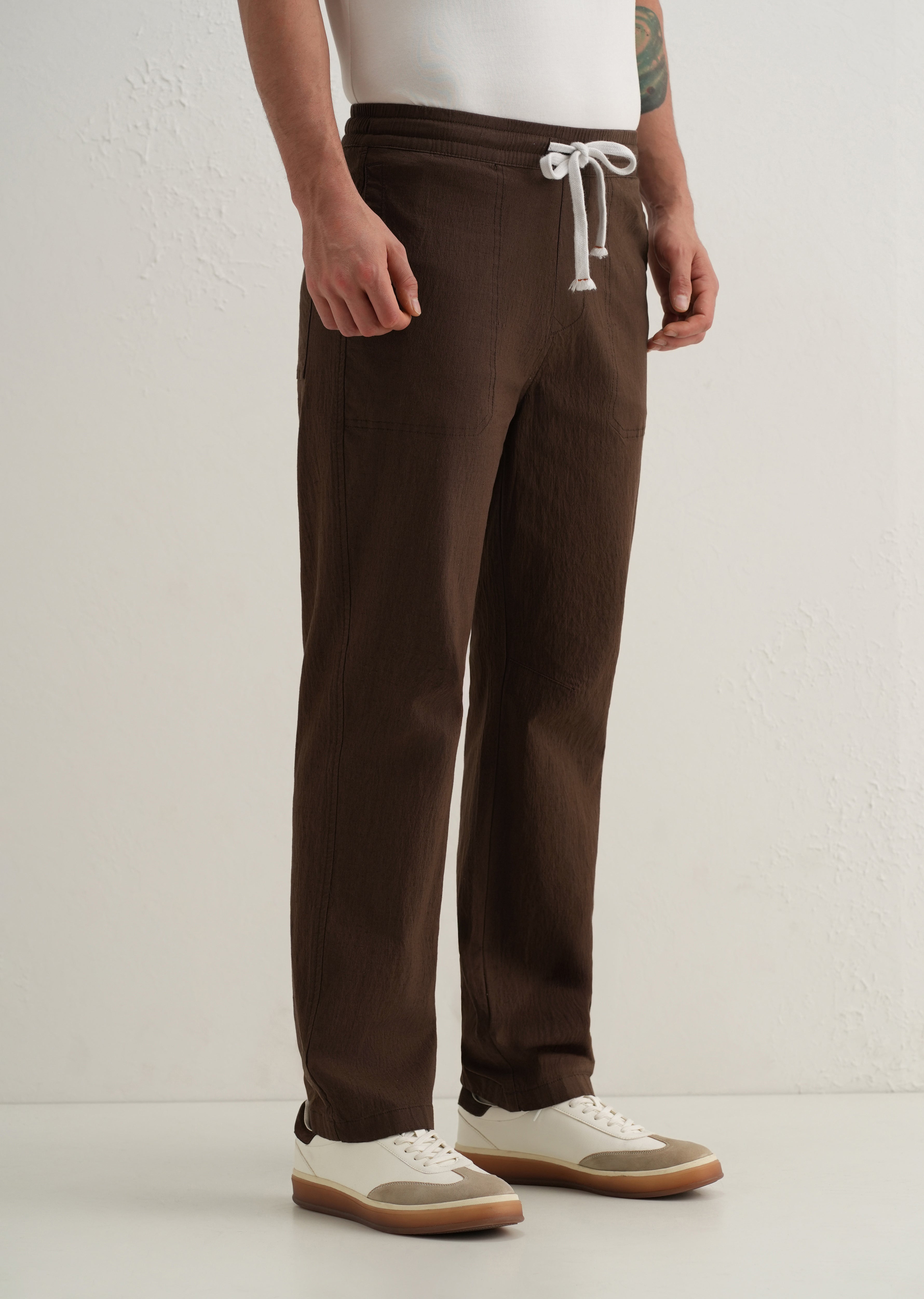 Brown Drawstring Cotton Linen Pant