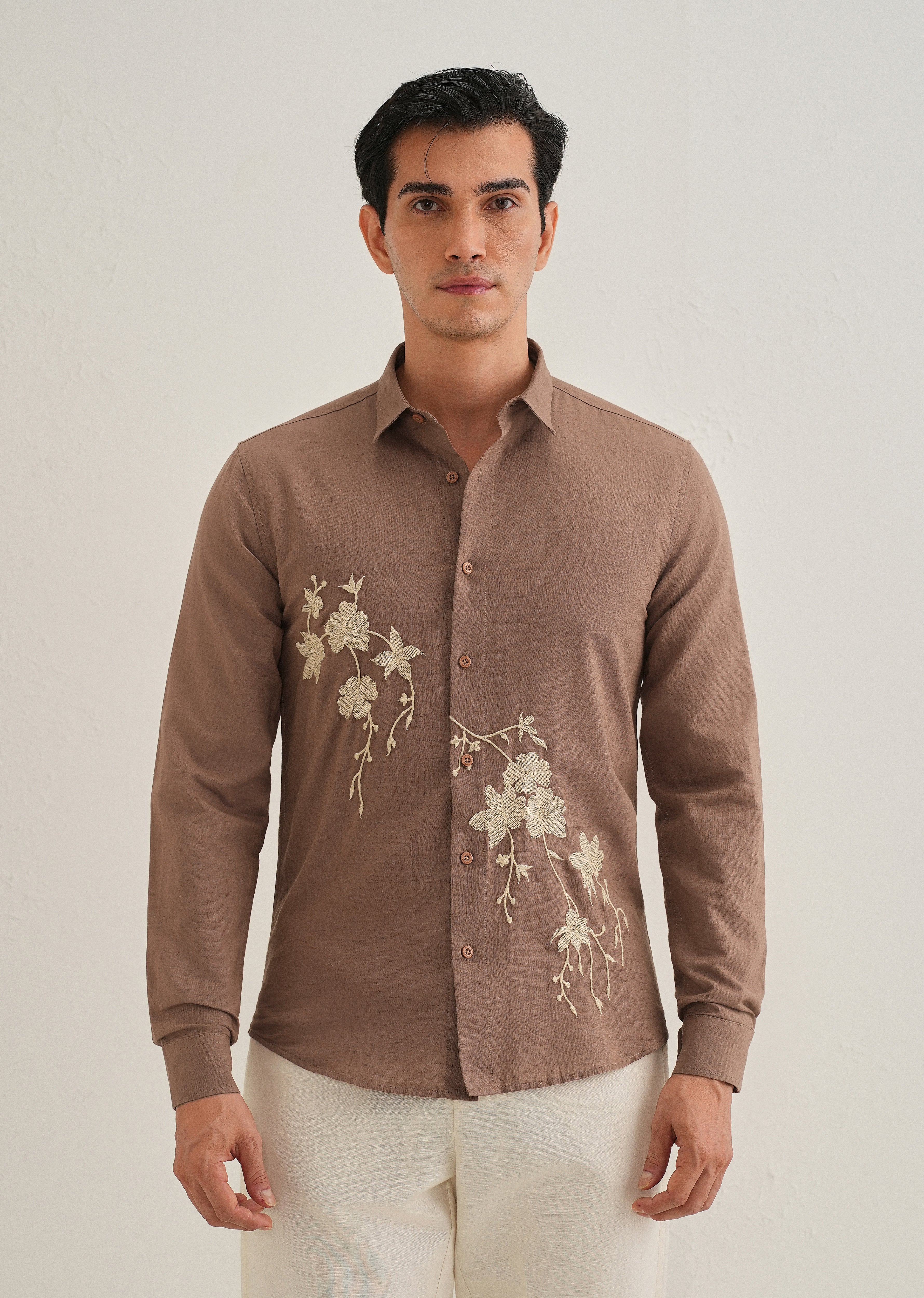 Brown Floral Embroidered Cuban Collar Shirt