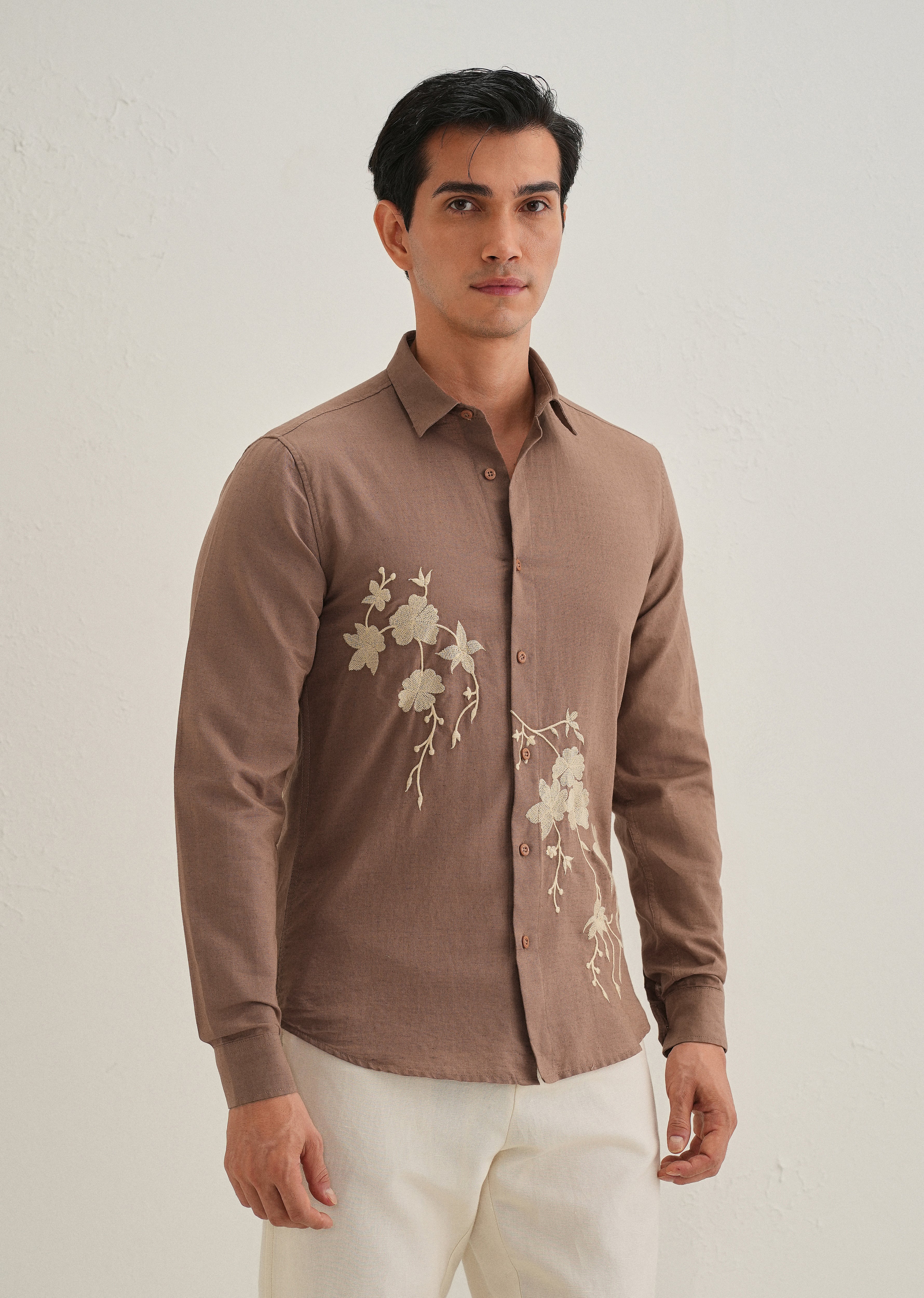Brown Floral Embroidered Cuban Collar Shirt