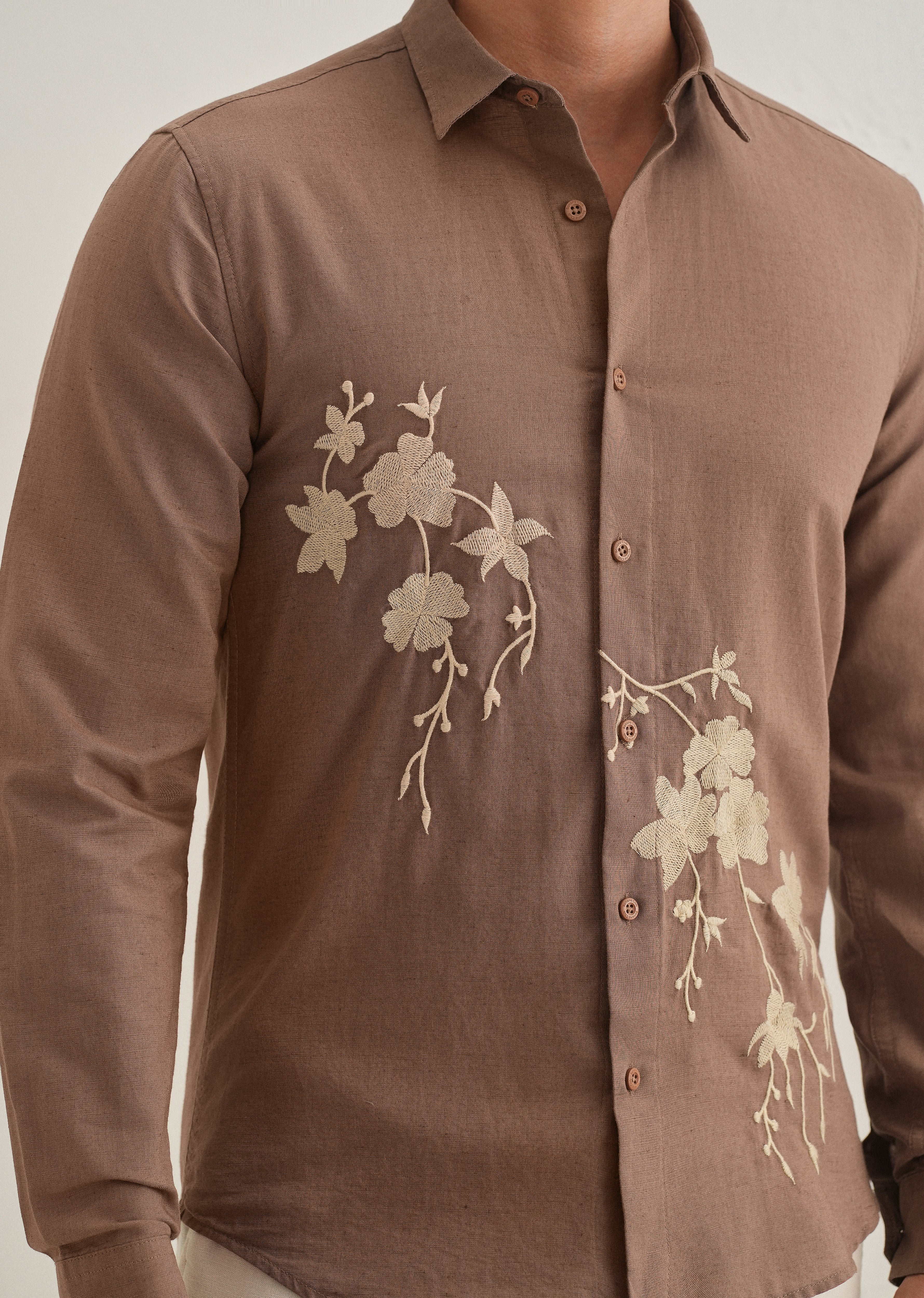 Brown Floral Embroidered Cuban Collar Shirt