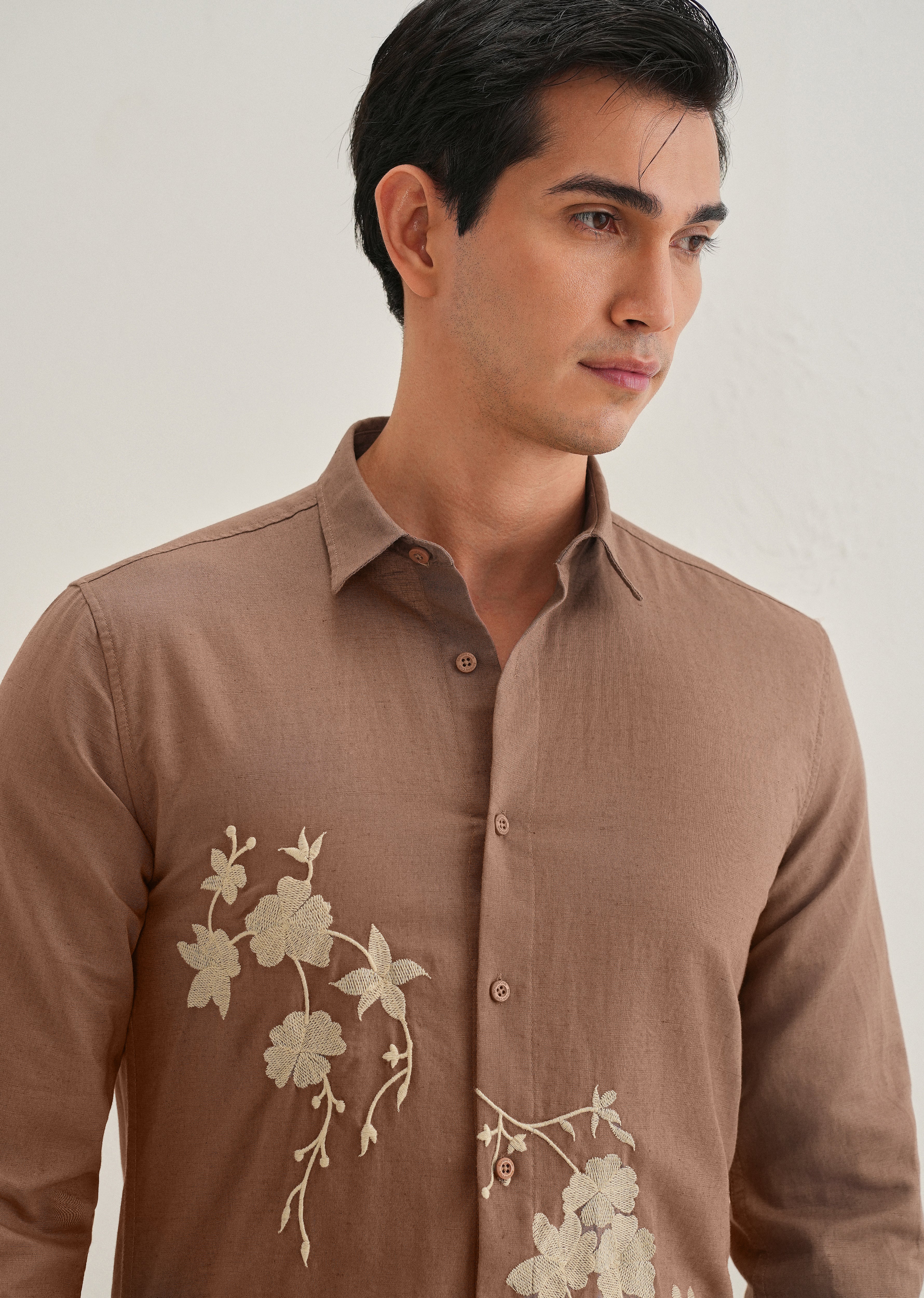 Brown Floral Embroidered Cuban Collar Shirt