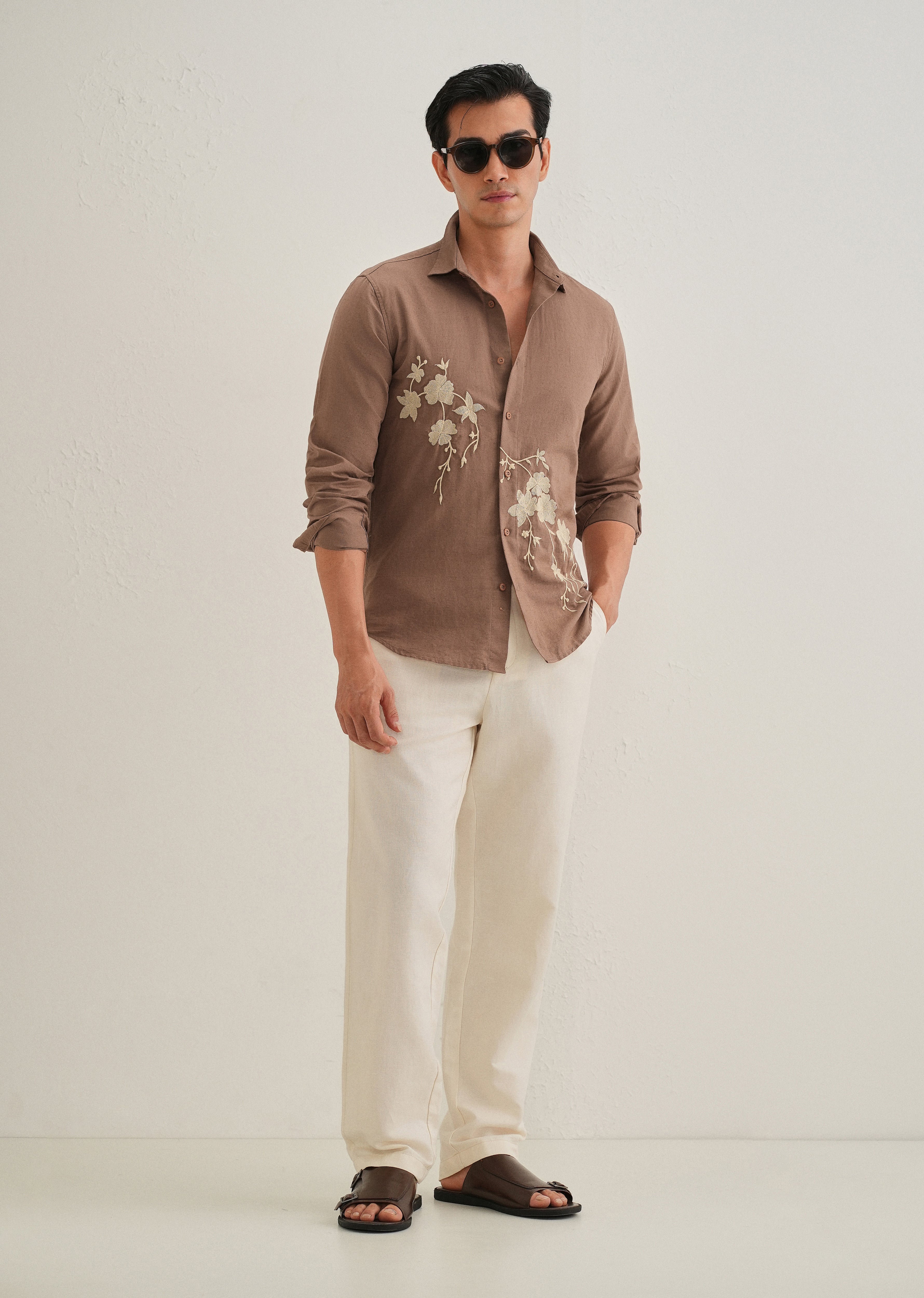 Brown Floral Embroidered Cuban Collar Shirt