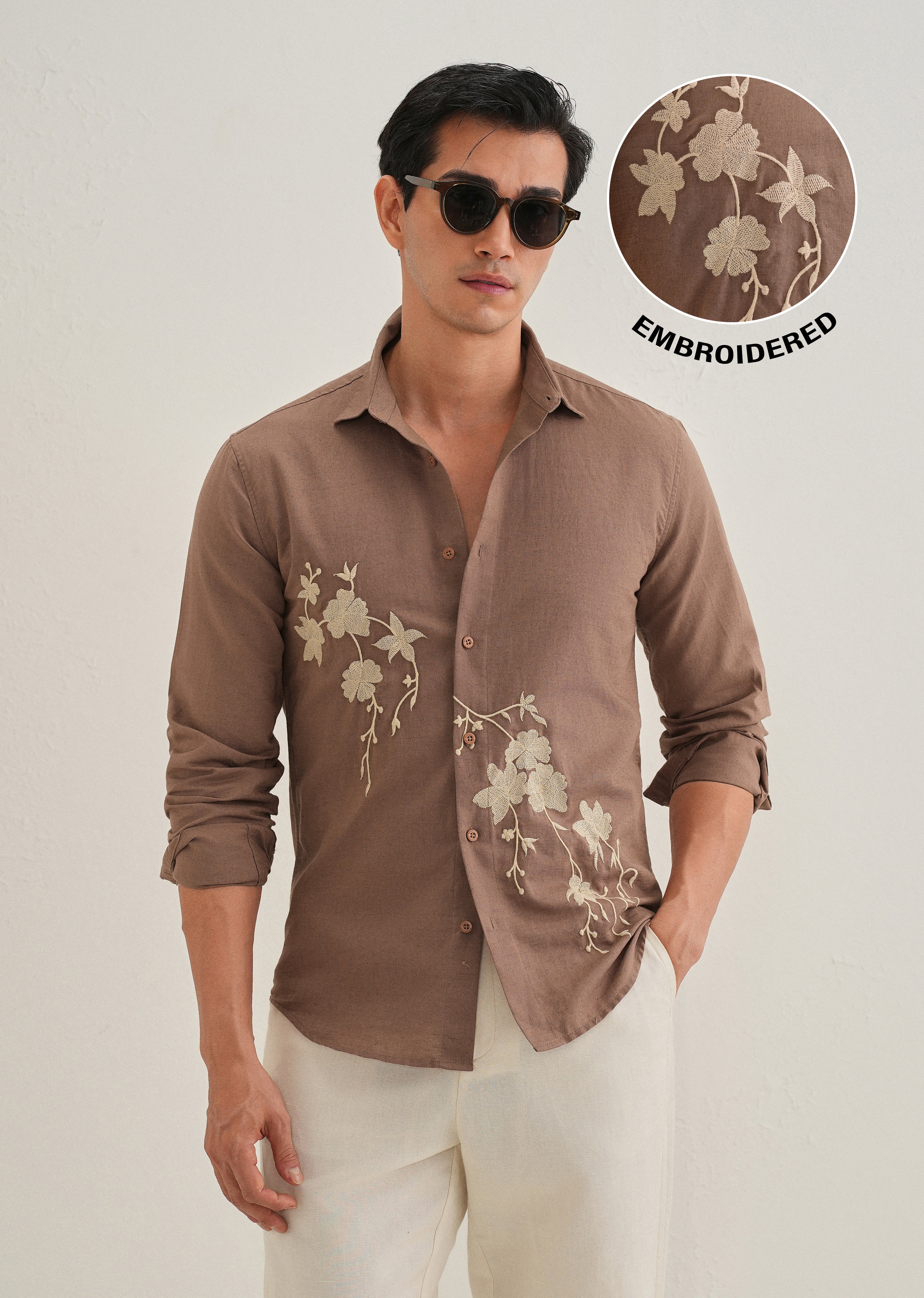 Brown Floral Embroidered Cuban Collar Shirt