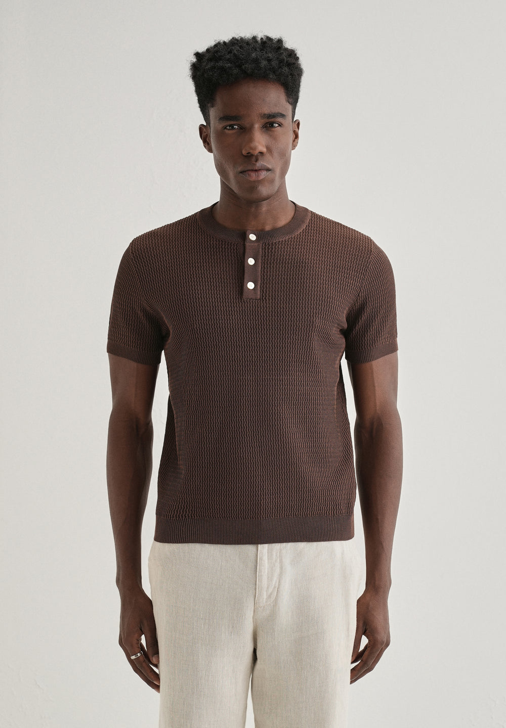 Brown Henley Neck Knitted T-shirt