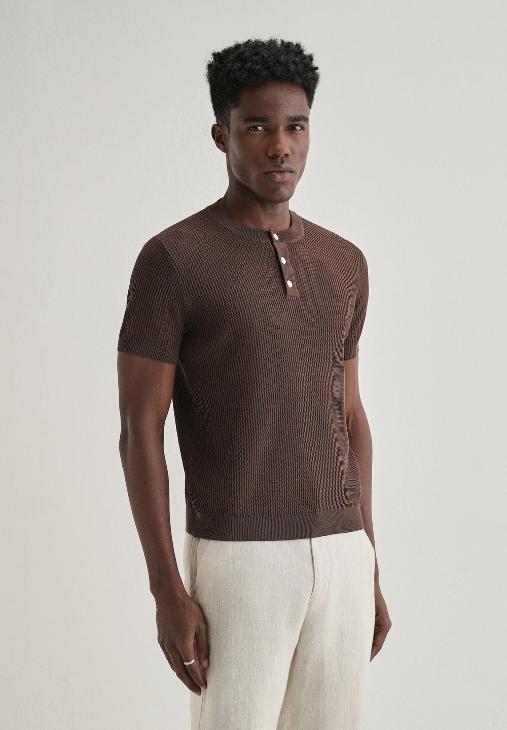 Brown Henley Neck Knitted T-shirt