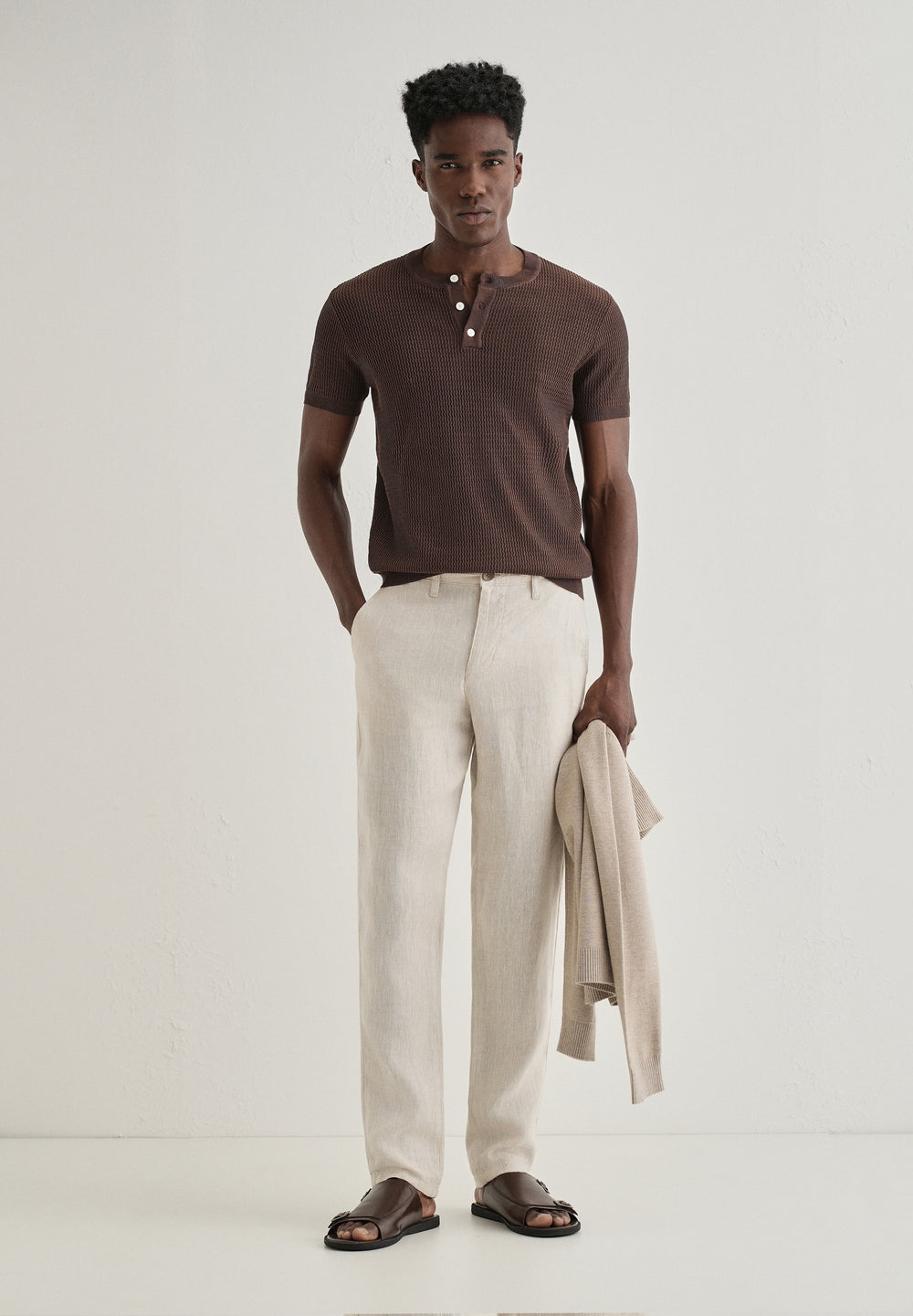 Brown Henley Neck Knitted T-shirt