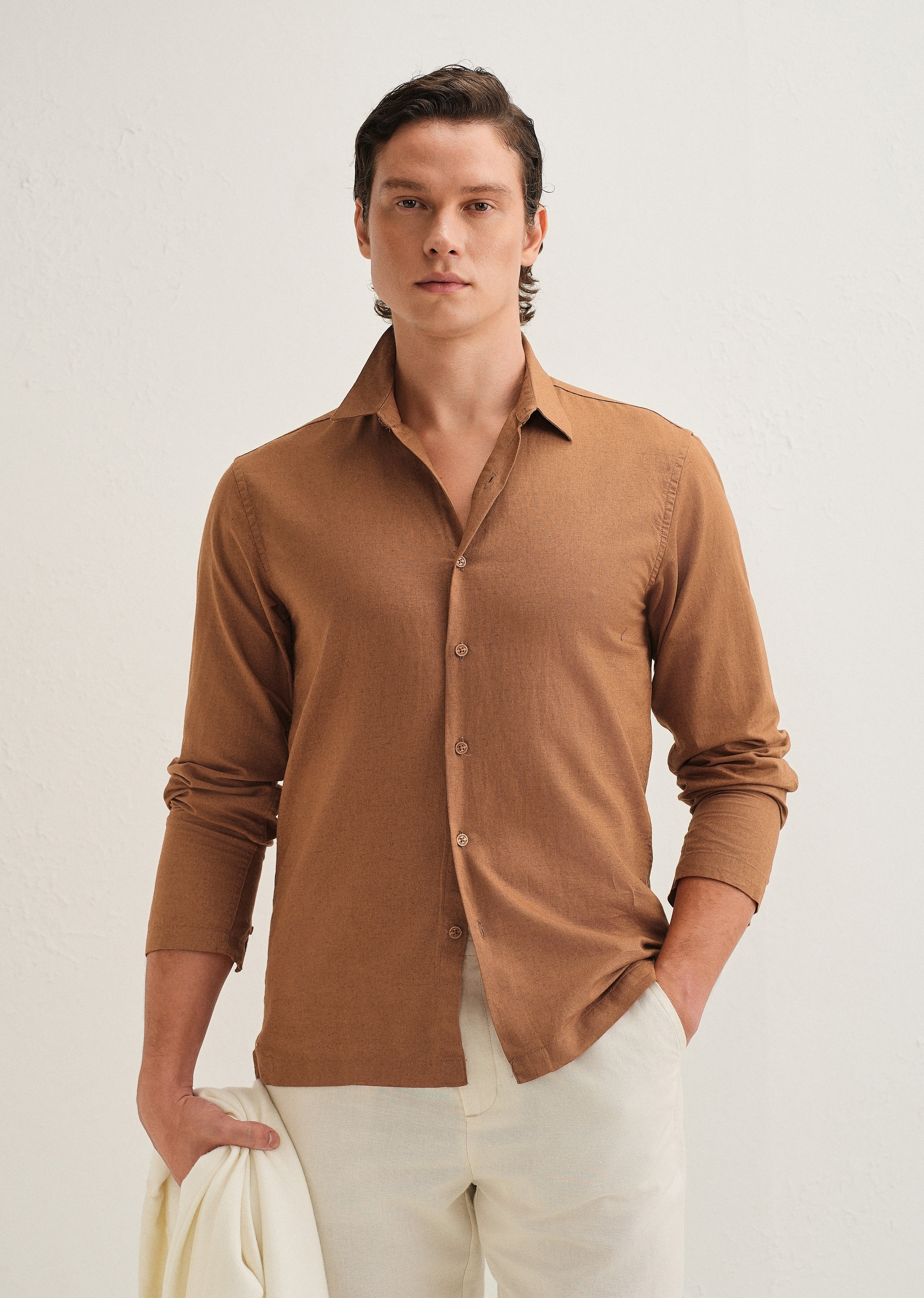 Terracotta Brown Hidden Sleeve Placket Cotton Linen Shirt