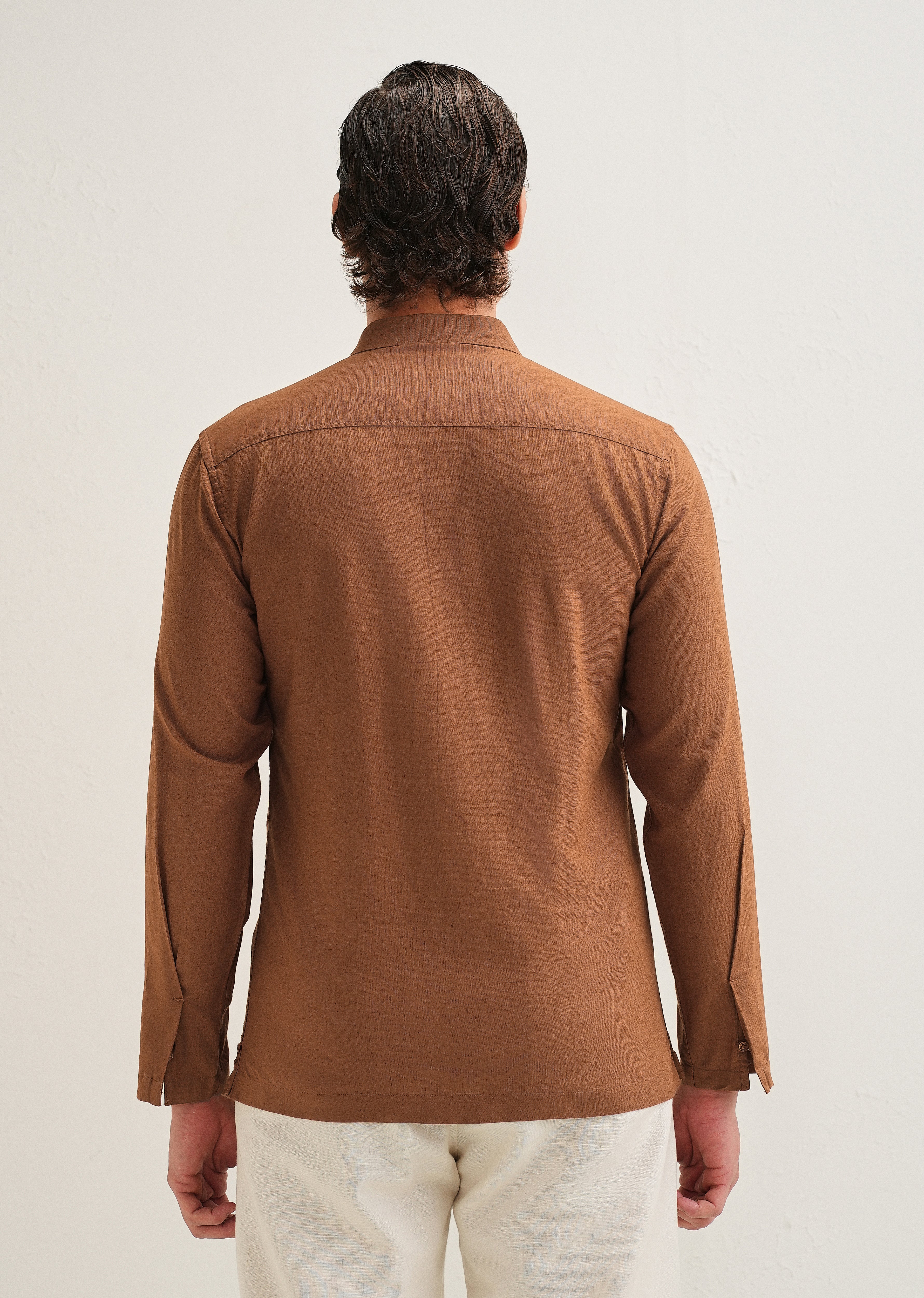 Terracotta Brown Hidden Sleeve Placket Cotton Linen Shirt